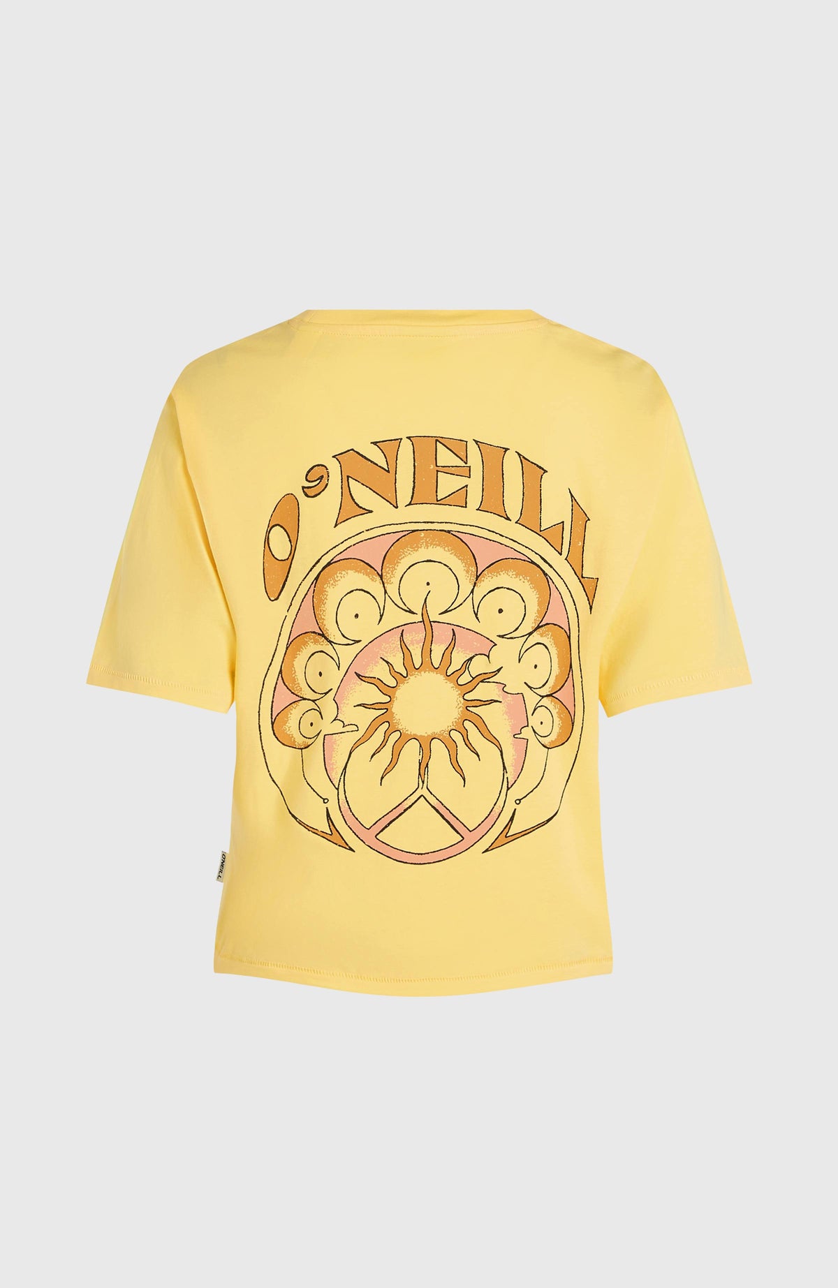 Summer Must Haves Back Print T-Shirt für Damen, gelb mit Grafik-Print in Orange, freigestellt von hinten