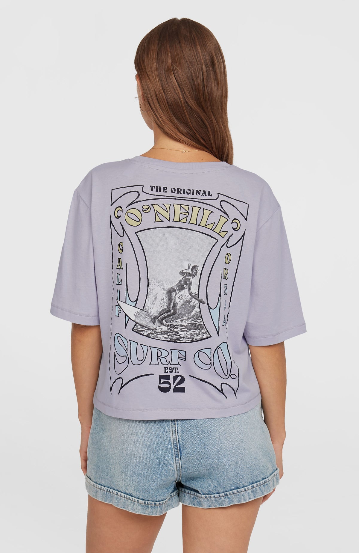 Summer Must Haves Back Print T-Shirt für Damen, lila, Rückansicht am Model mit großem Rückenprint