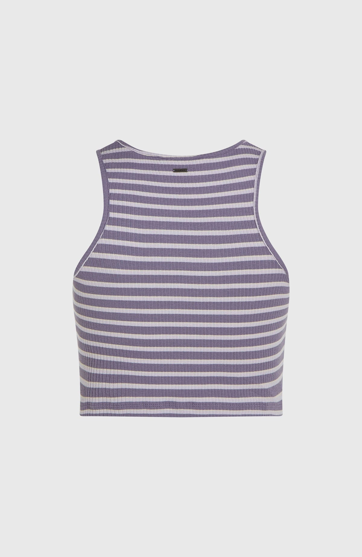 Jess Rib Tanktop für Damen, lila mit Streifenmuster in Weiß, freigestellt von hinten mit kleinem Logo-Badge am Ausschnitt