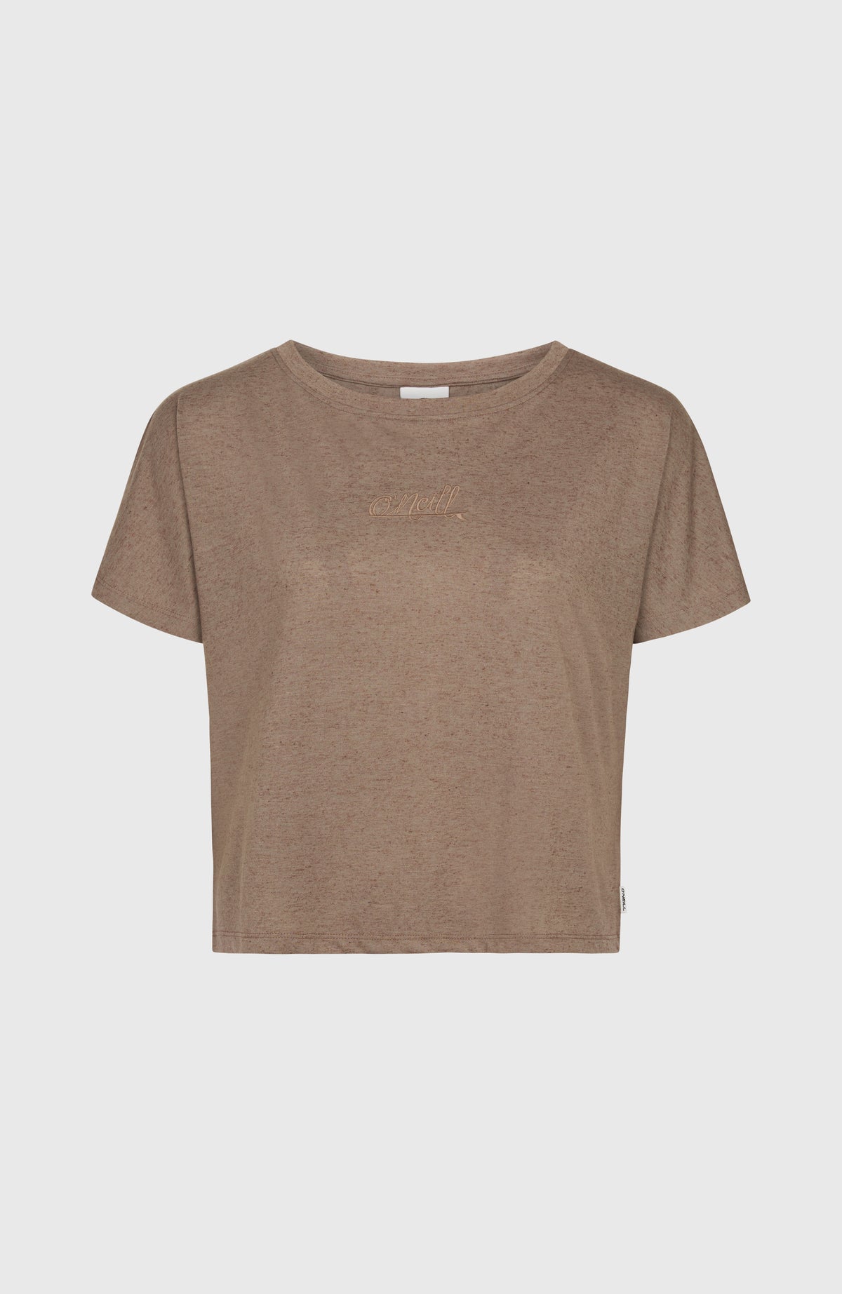 Essentials Script T-Shirt in Drape-Optik für Damen, braun, flach liegend von vorne mit Logo-Stickerei