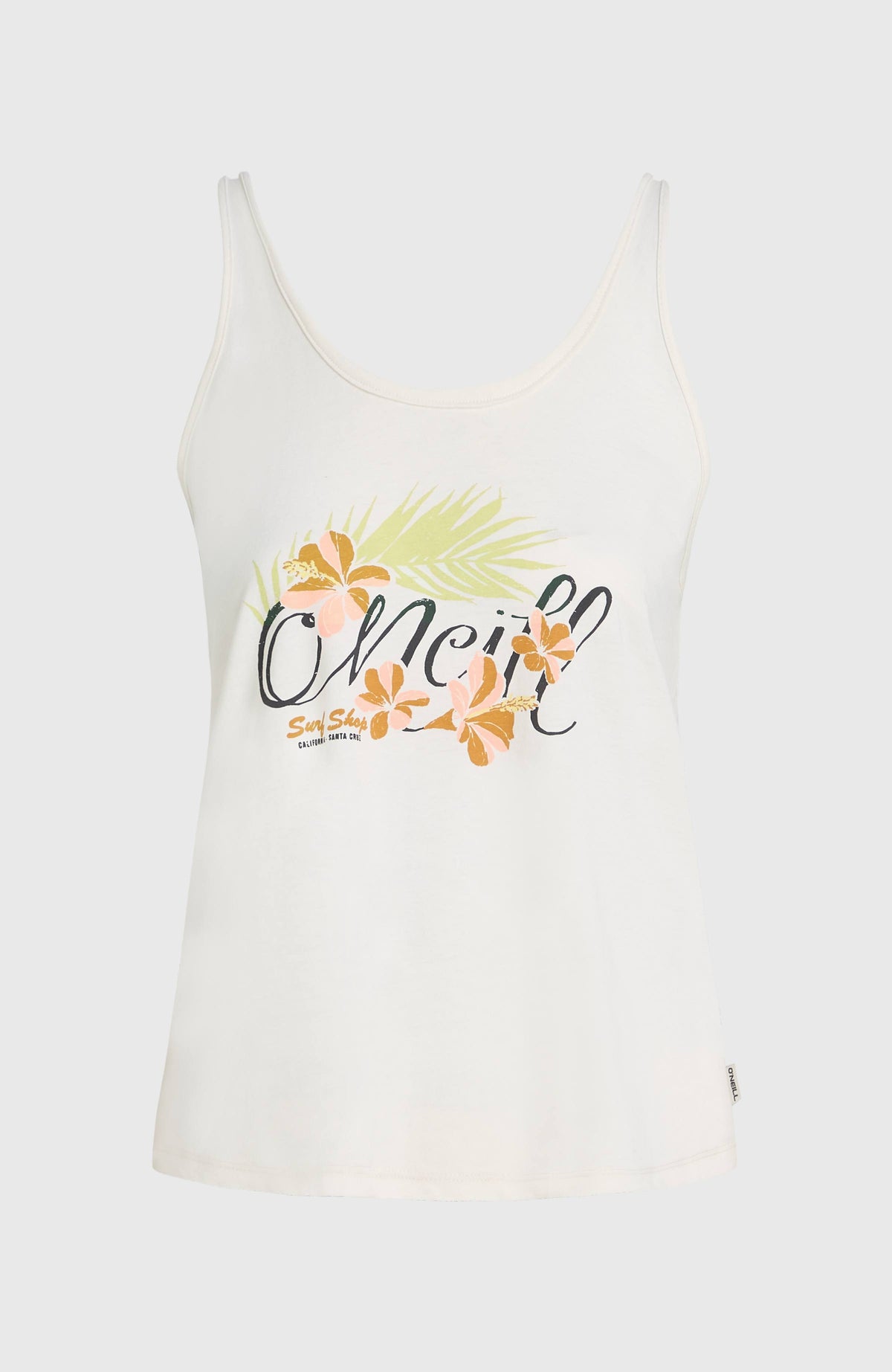 Luana Graphic Tanktop für Damen, weiß mit Logo-Print in Orange und Schwarz, freigestellt von vorne
