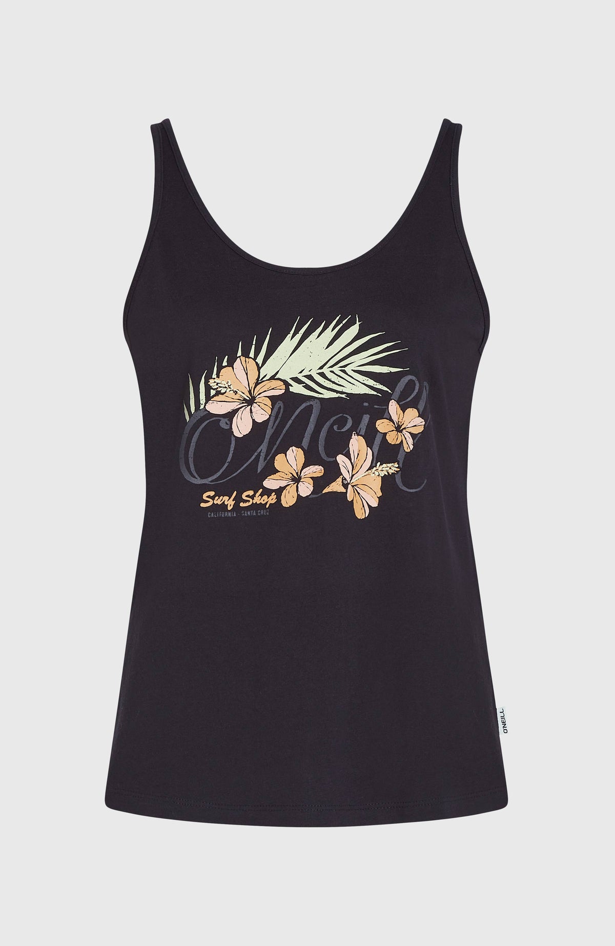 Luana Graphic Tanktop für Damen, schwarz mit Blumen-Print in Orange und Grün, freigestellt von vorne mit Logo-Etikett
