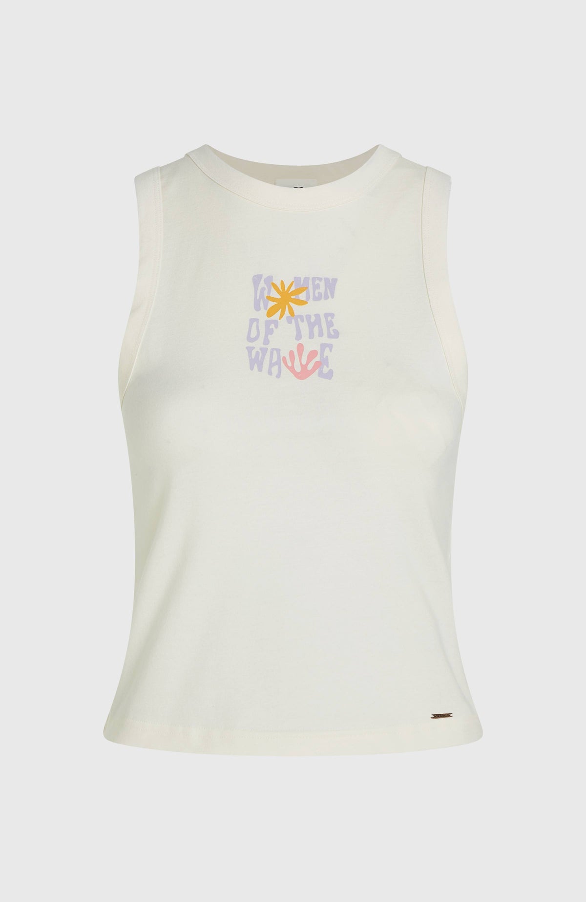 Women of the Wave Tanktop für Damen, beige mit Grafik-Print in Gelb und Lila, freigestellt von vorne