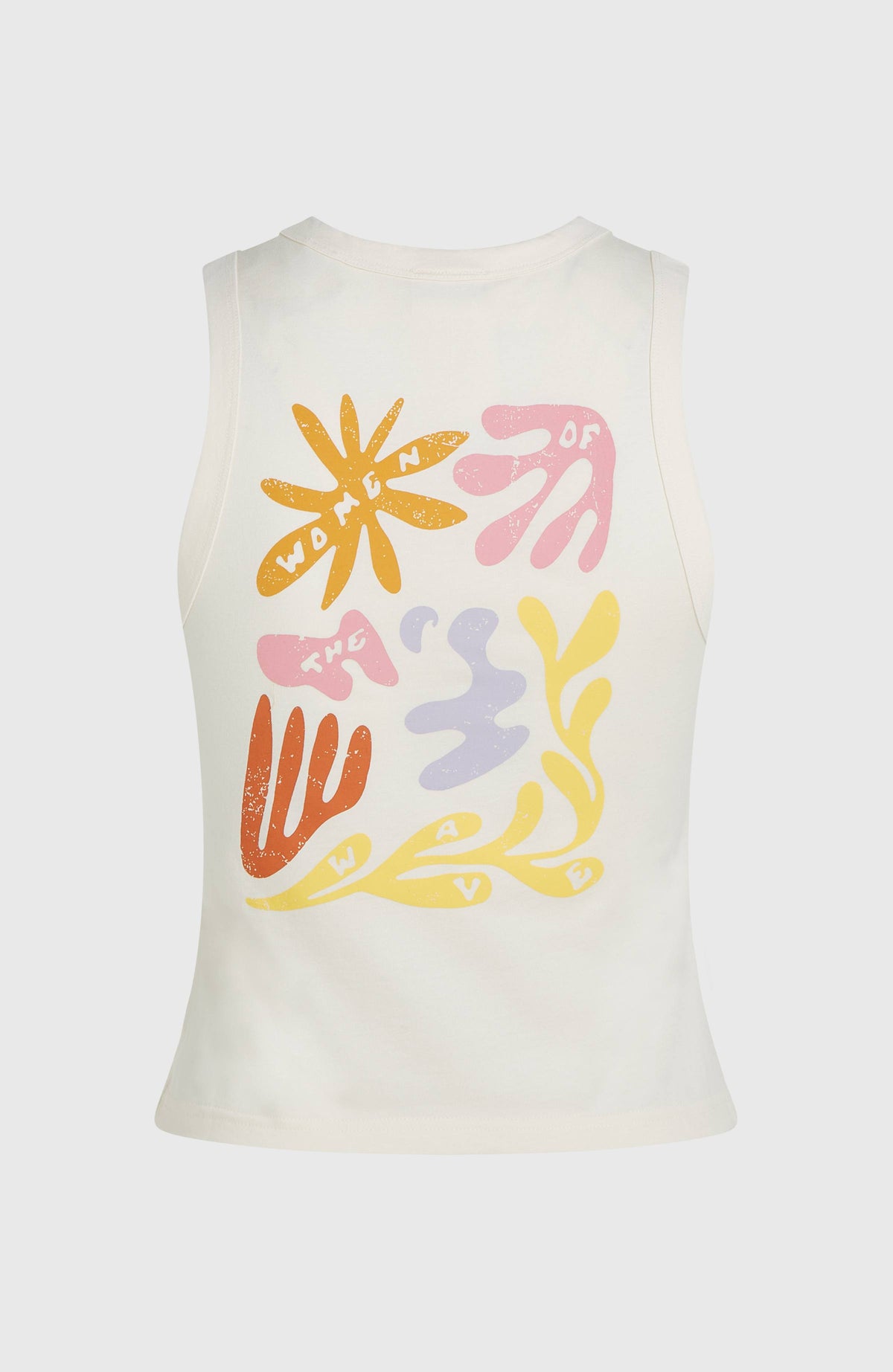 Women of the Wave Tanktop für Damen, beige mit Grafik-Print in Gelb und Lila, freigestellt von hinten