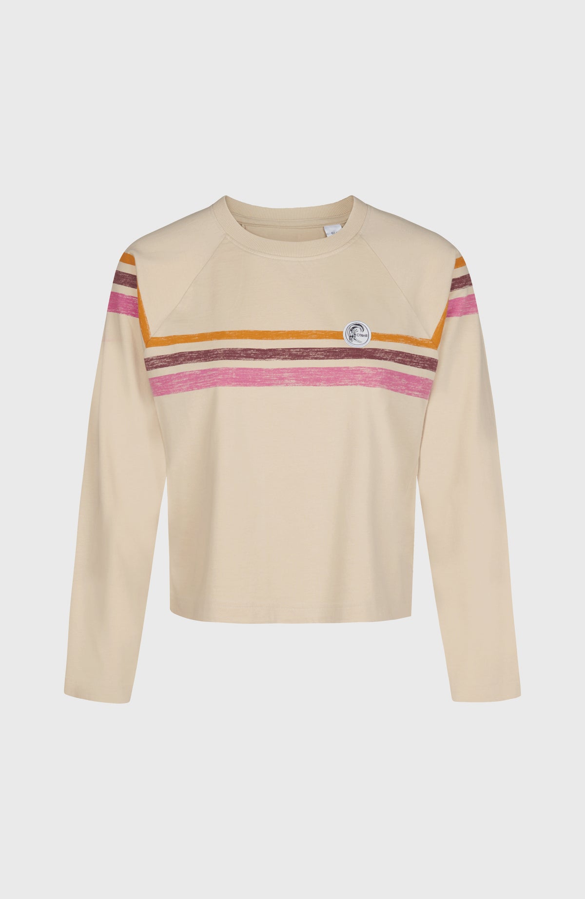 O'Riginals Langarmshirt für Damen, beige mit Streifenmuster in Orange und Pink, flach liegend von vorne