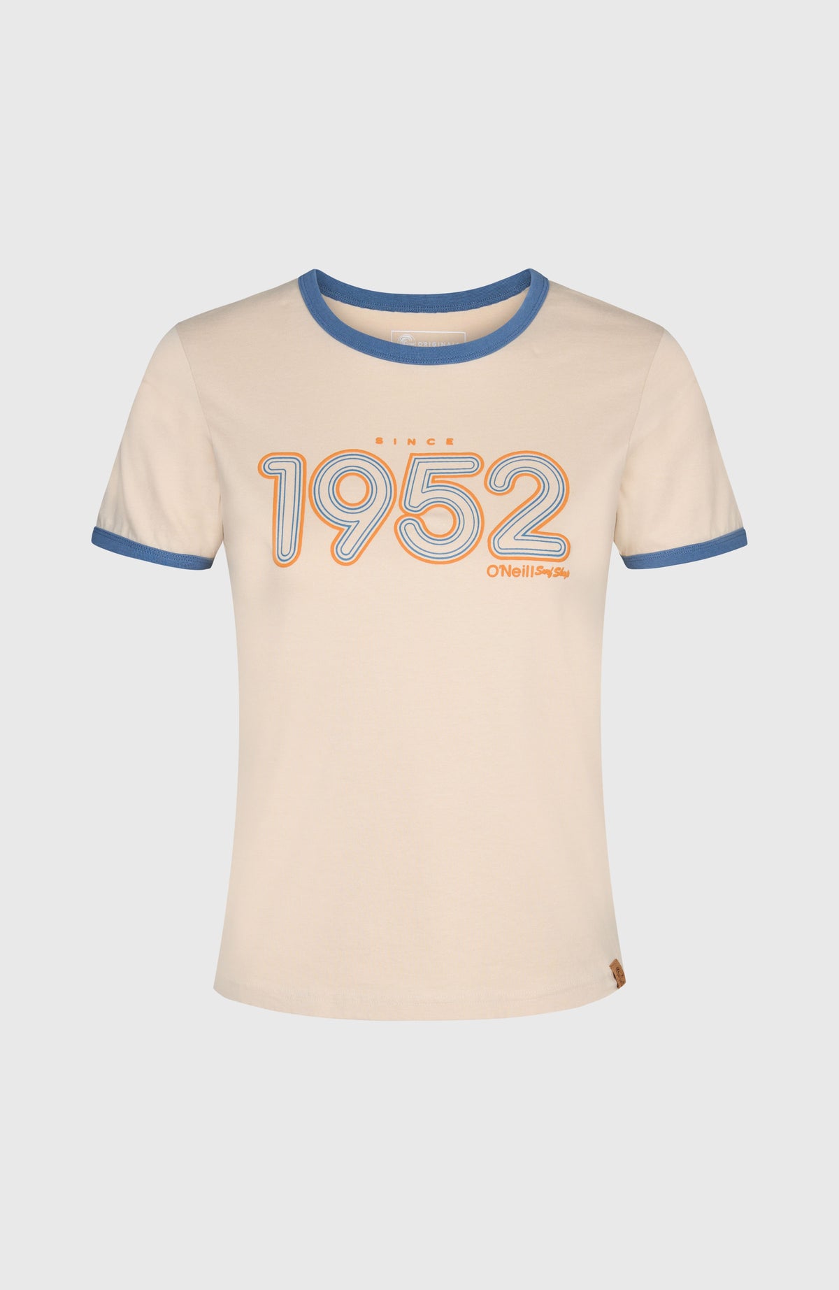 O'Riginals 1952 T-Shirt für Damen, beige mit Logo-Print in Blau und Orange, freigestellt von vorne