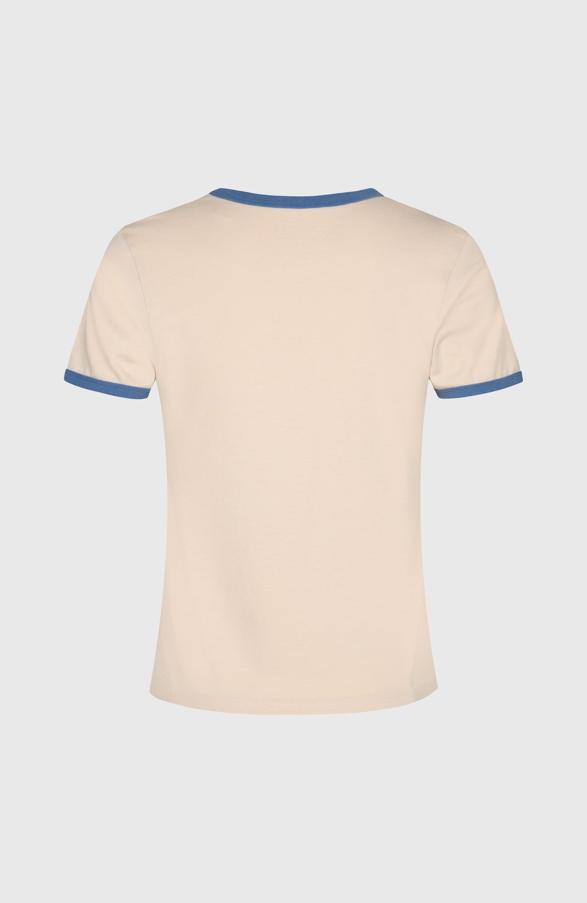 O'Riginals 1952 T-Shirt für Damen, beige mit blauen Kontrastbündchen, freigestellt von hinten
