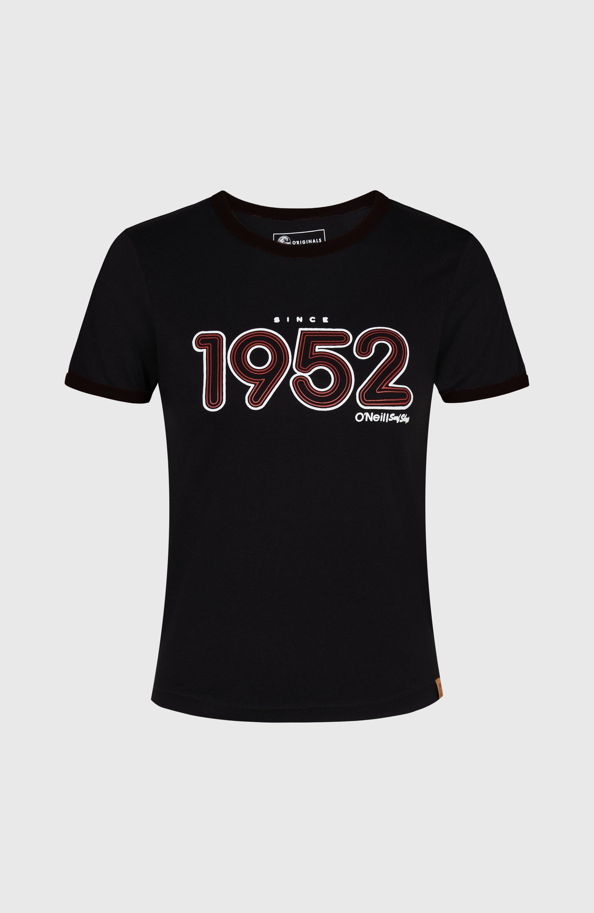 O'Riginals 1952 T-Shirt für Damen, schwarz mit Logo-Print in Rot und Weiß, freigestellt von vorne