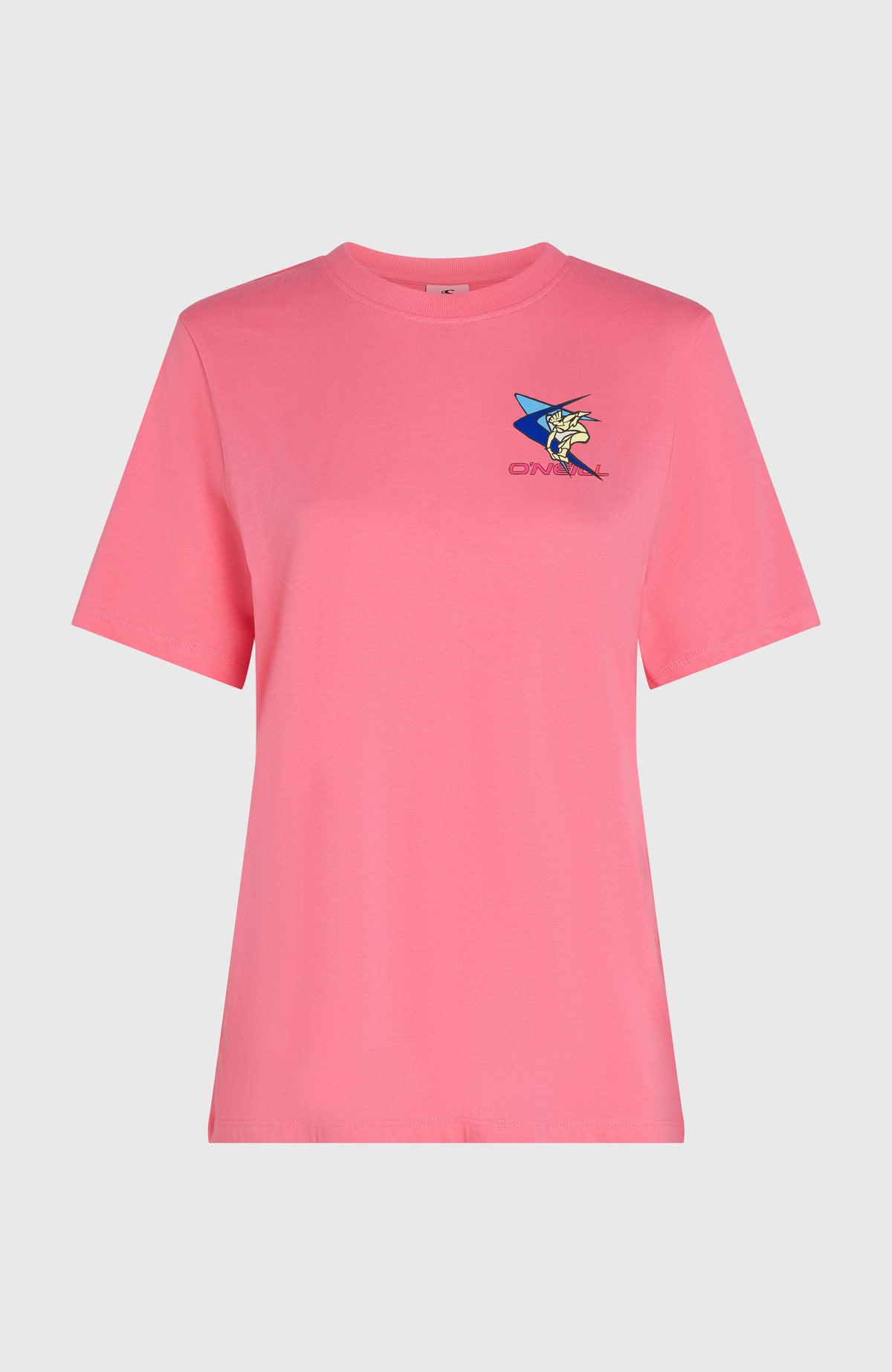 FWC'Play T-Shirt für Damen, pink mit Logo-Print in Blau und Gelb, freigestellt von vorne