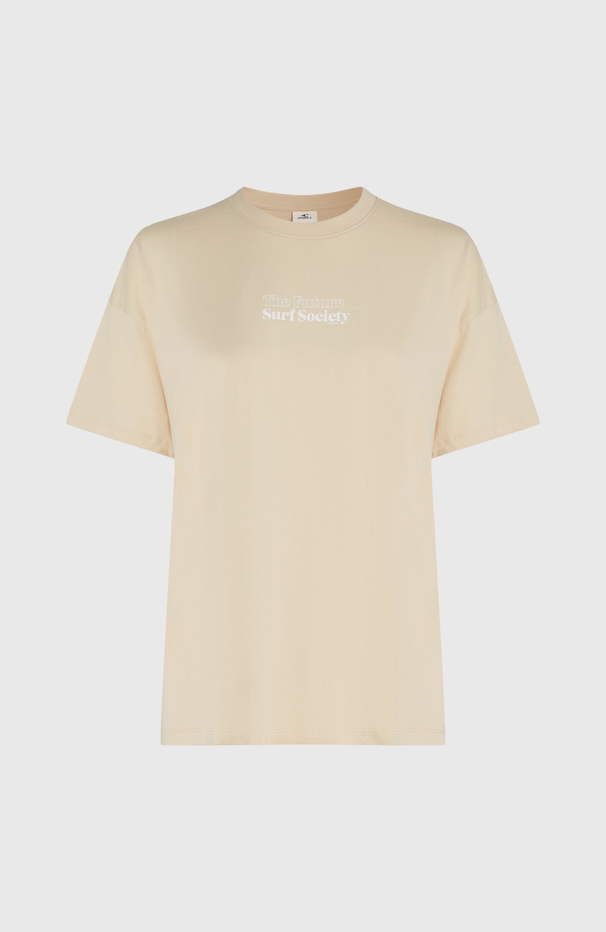 Future Surf Society T-Shirt für Damen, beige mit Logo-Print in Weiß, flach liegend von vorne