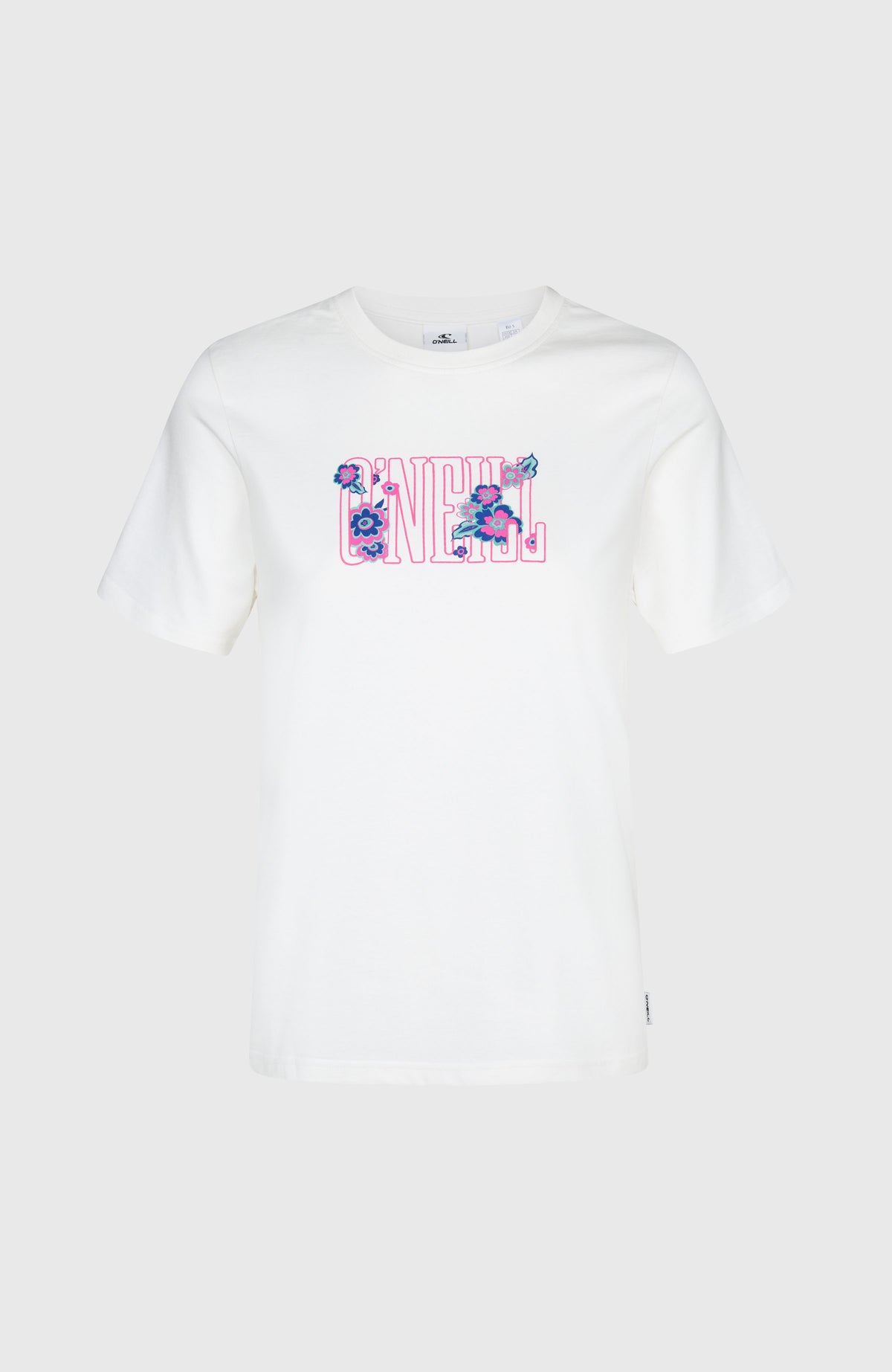 Graphic T-Shirt für Damen, weiß mit Logo-Print in Rosa und Blau, freigestellt von vorne