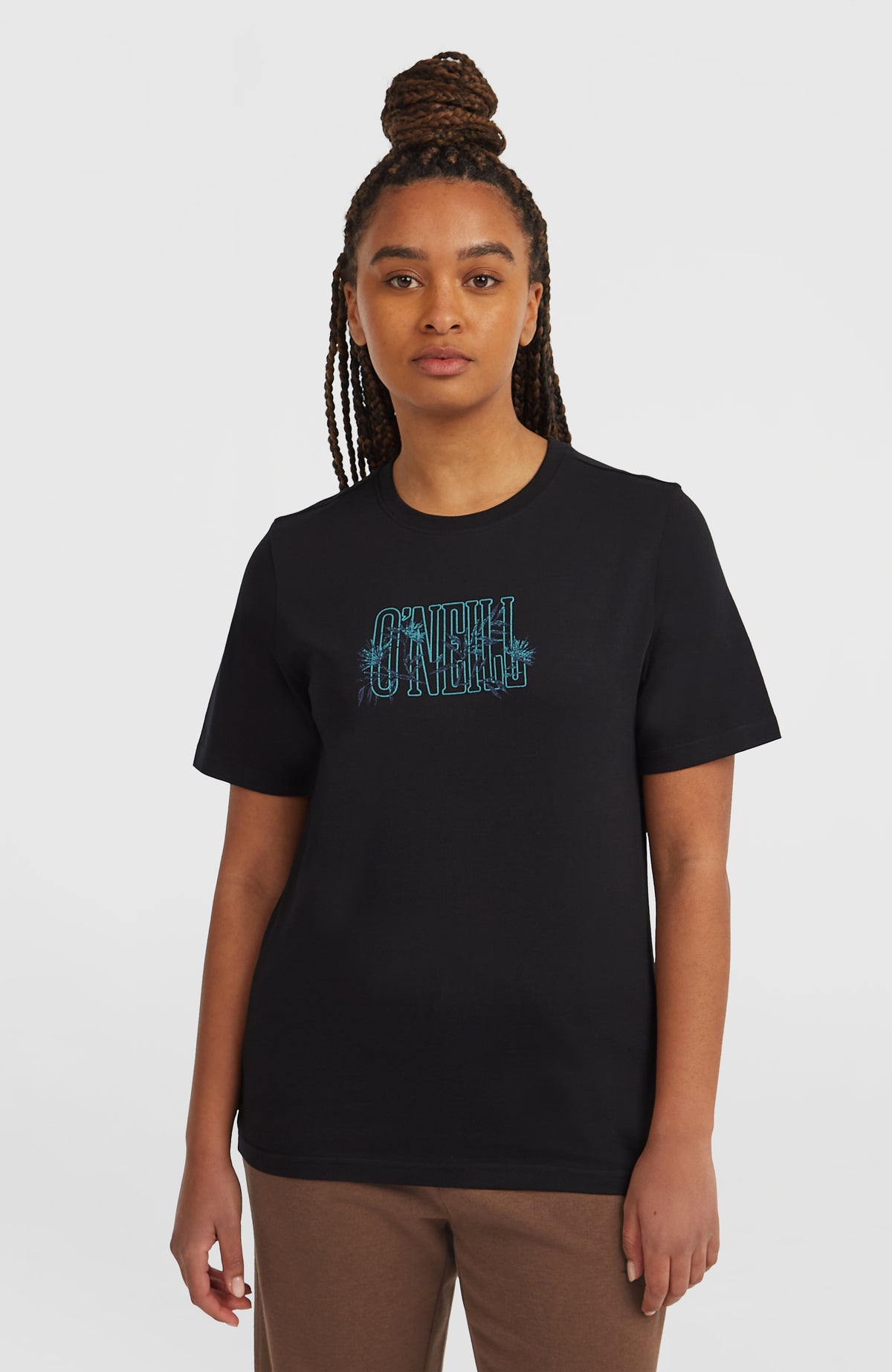 O'Neill Graphic T-Shirt für Damen, schwarz mit Logo-Print in Türkis, Vorderansicht am Model