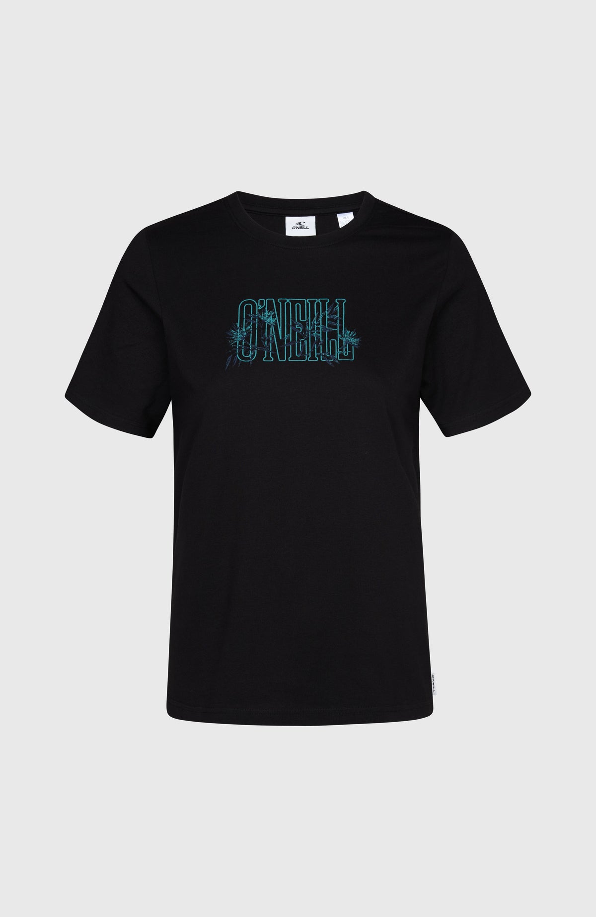 Schwarzes Graphic T-Shirt für Damen mit Logo-Print in Türkis, freigestellt von vorne