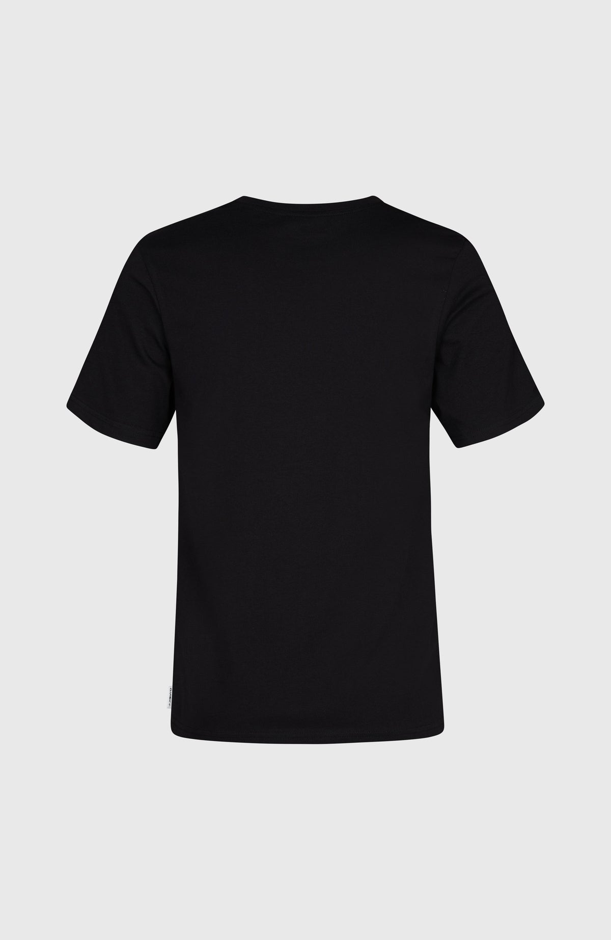 Schwarzes Graphic T-Shirt für Damen, freigestellt von hinten mit kleinem Logo-Label am Saum