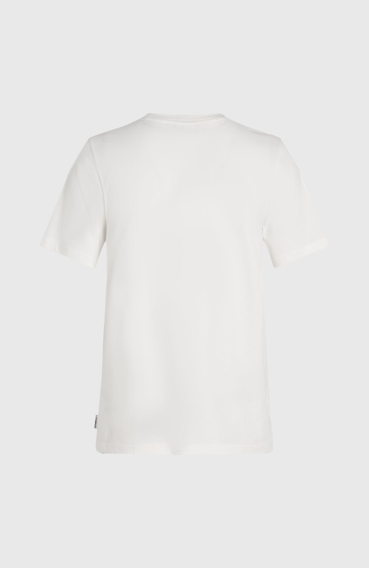 Essentials Script T-Shirt für Damen, weiß, freigestellt von hinten mit kleinem Flag-Label am Saum