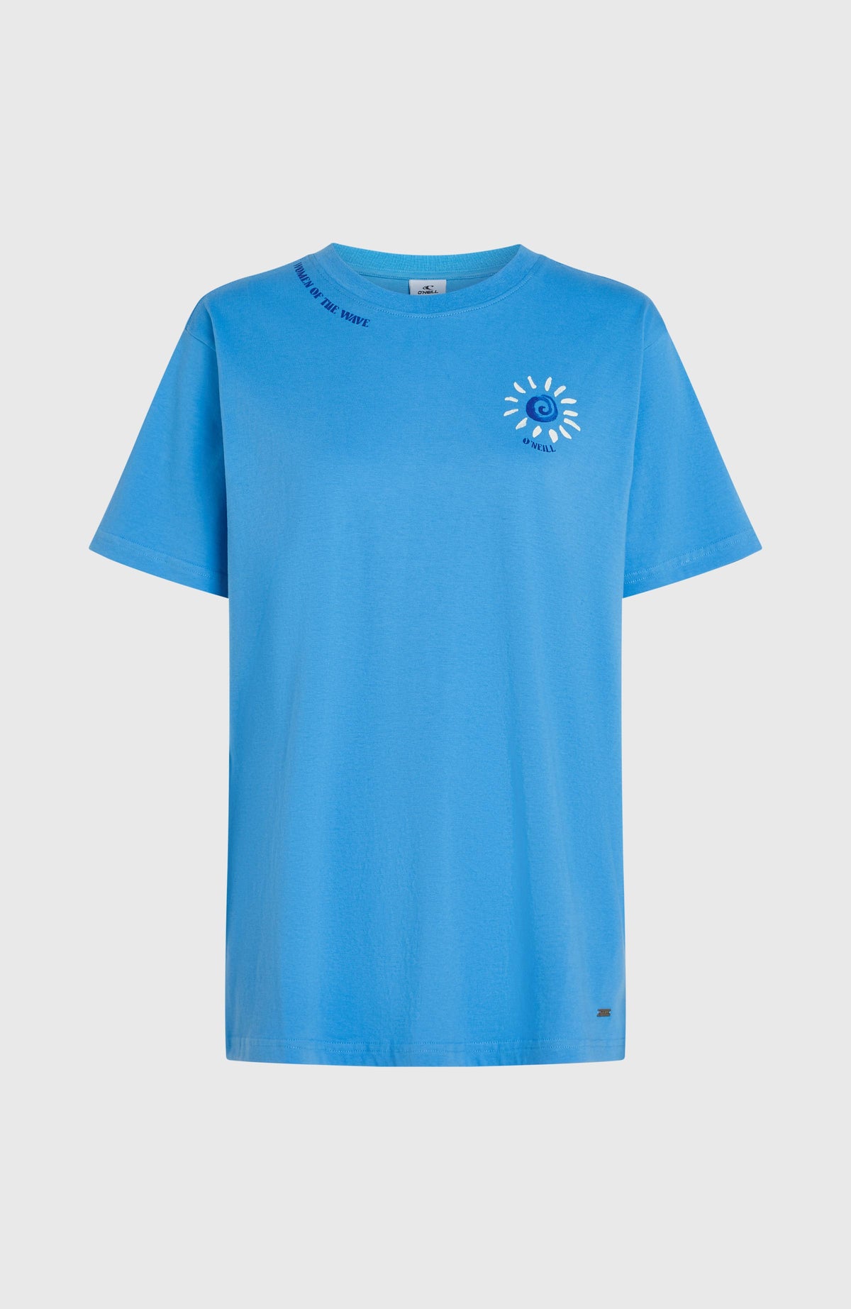 Women of the Wave T-Shirt für Damen, blau mit Sonnen-Print in Weiß und Dunkelblau, freigestellt von vorne