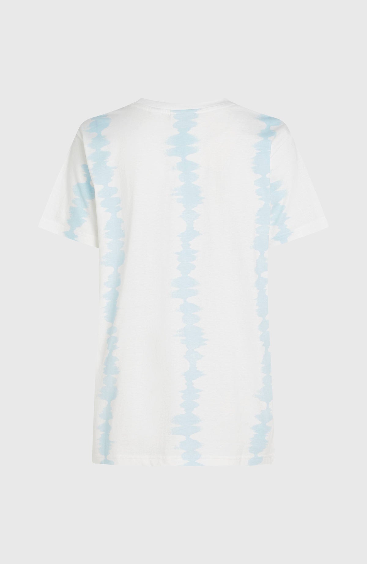 Women of the Wave T-Shirt für Damen, weiß mit Batikmuster in Hellblau, freigestellt von hinten