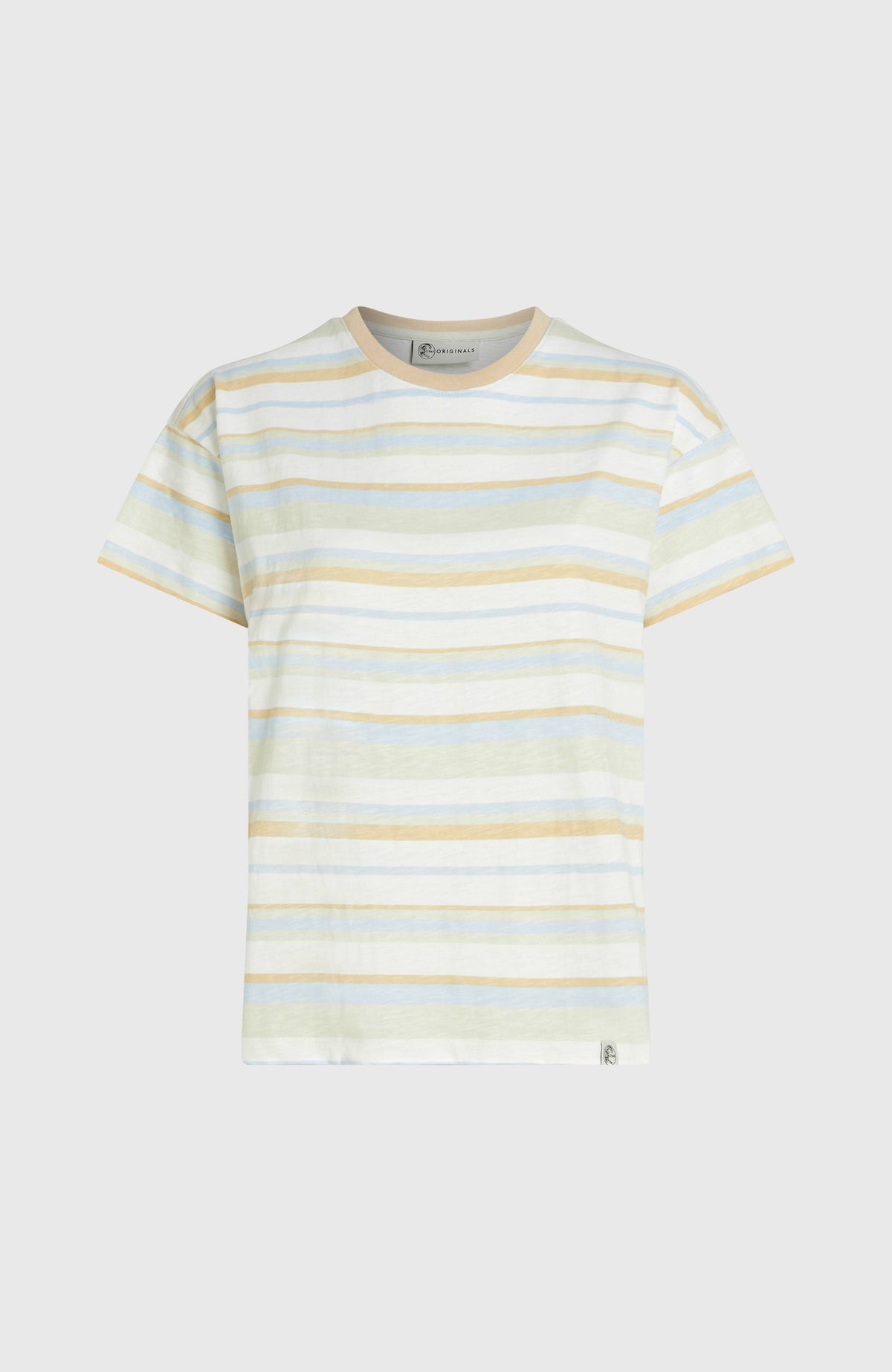 O'Riginals Boxy Stripe T-Shirt, blau mit Streifenmuster in Gelb und Weiß, freigestellt von vorne