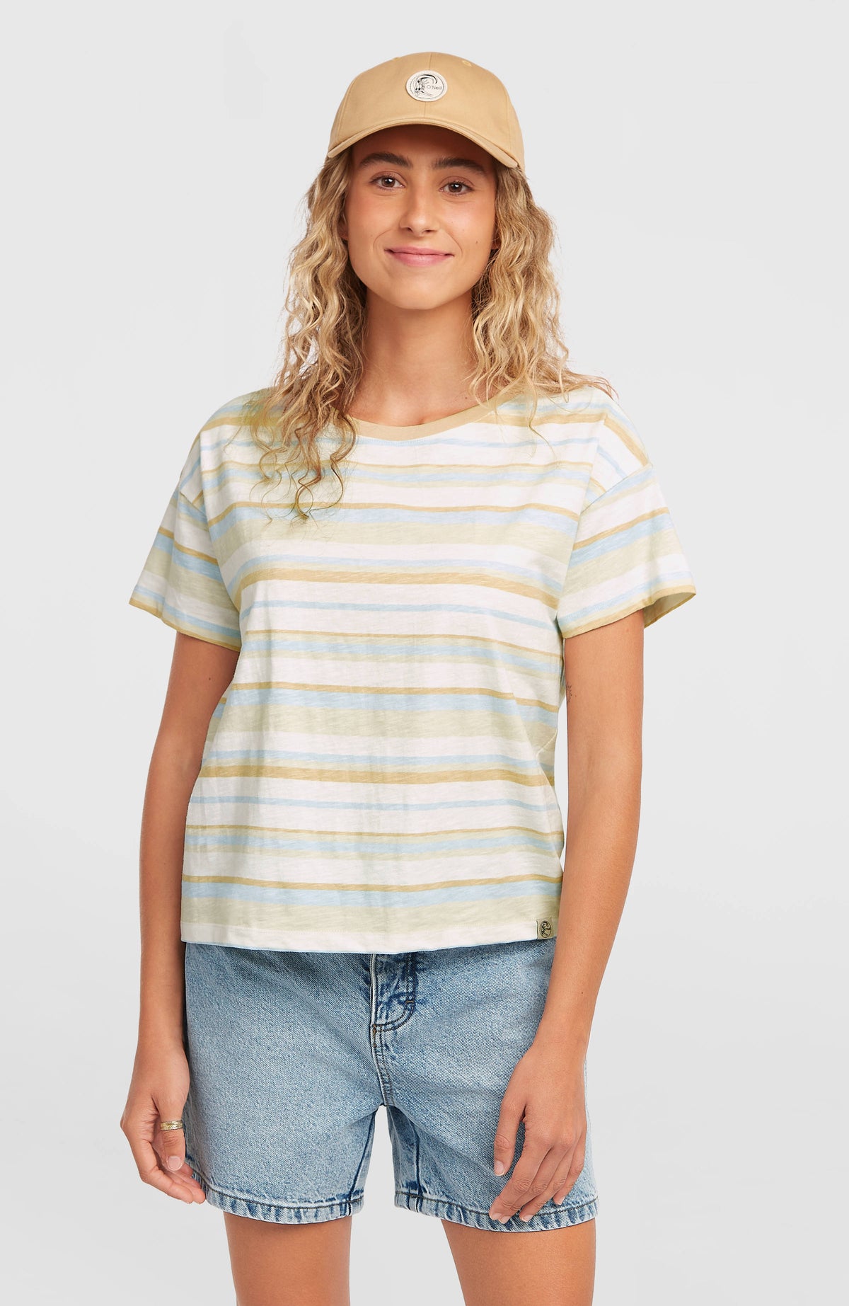 O'Neill O'Riginals Boxy Stripe T-Shirt für Damen, blau mit Streifenmuster in Gelb und Weiß, Vorderansicht