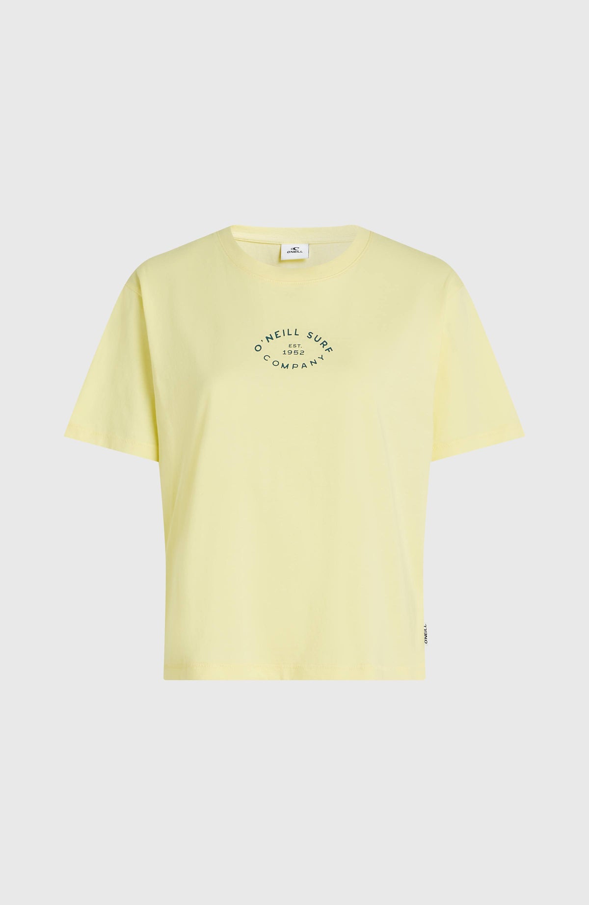 Boxy Back-Print T-Shirt für Damen, gelb mit Logo-Print in Grün, freigestellt von vorne
