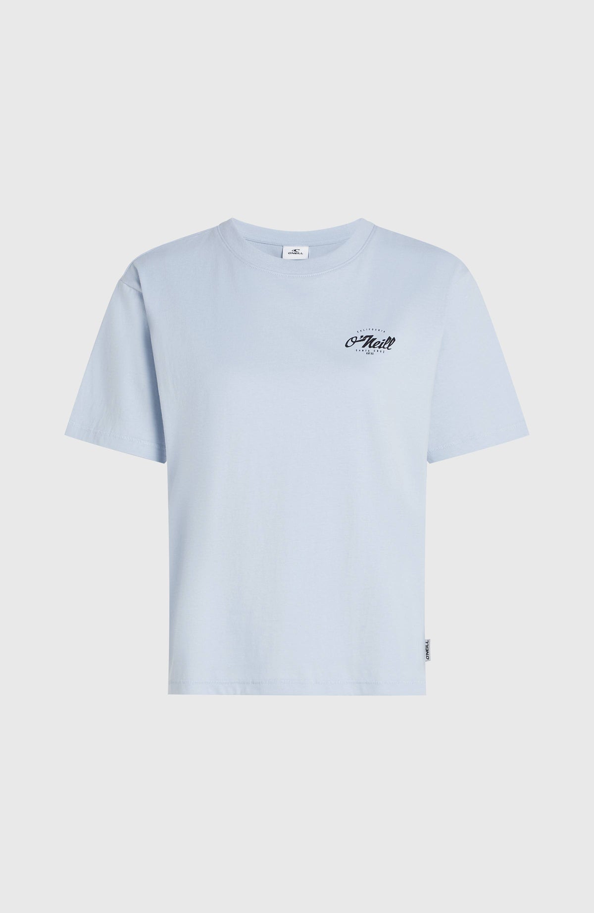 Boxy Back-Print T-Shirt für Damen, blau mit Logo-Print in Schwarz, freigestellt von vorne, kleiner Brust-Print