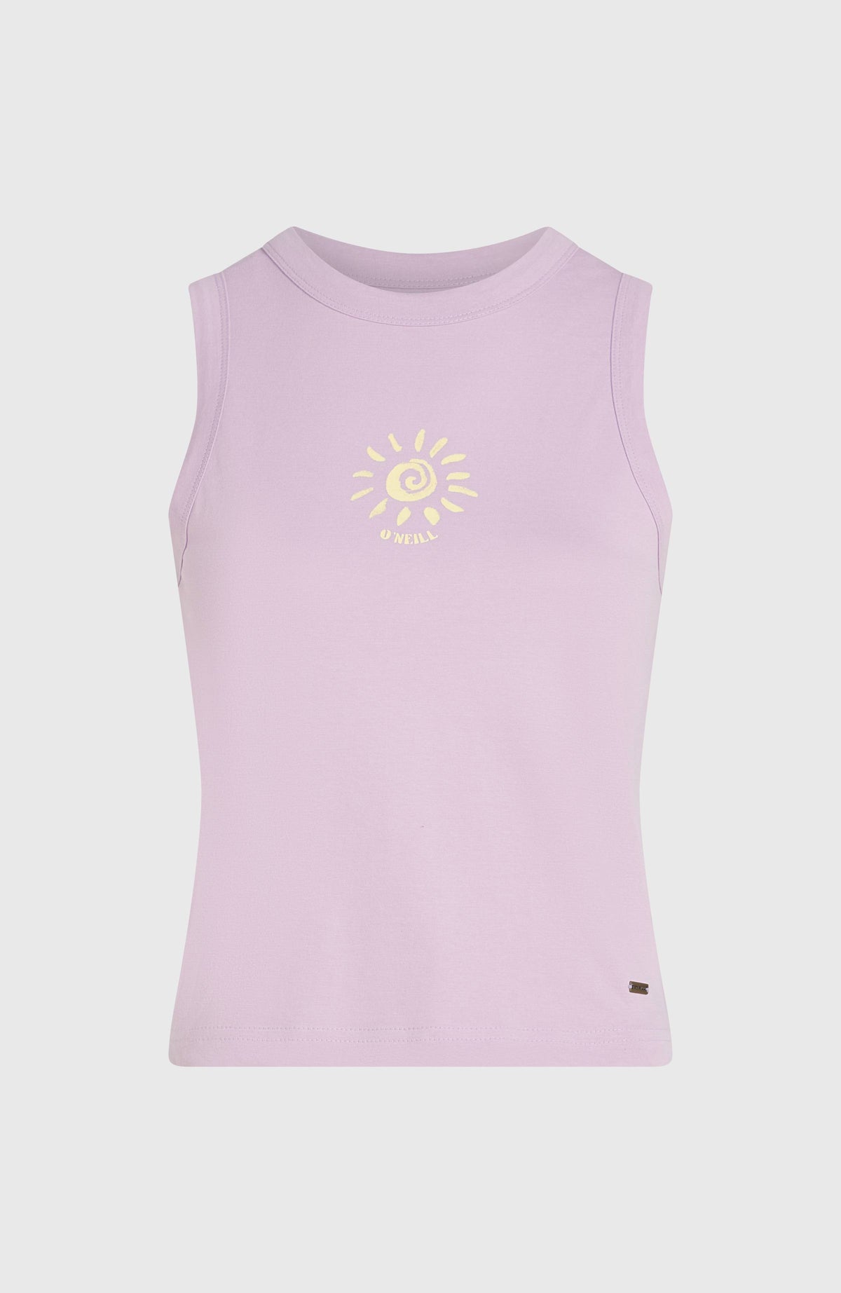 Women of the Wave Tanktop für Damen, lila mit Sonnen-Print in Gelb, freigestellt von vorne