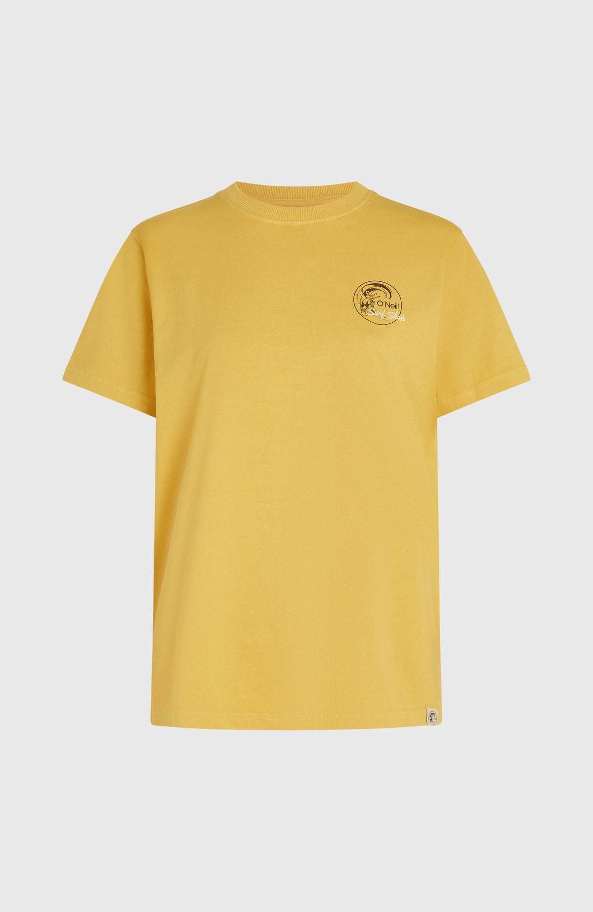 O'Riginals Vintage Graphic T-Shirt für Damen, gelb mit Grafikprint in Schwarz, freigestellt in Vorderansicht