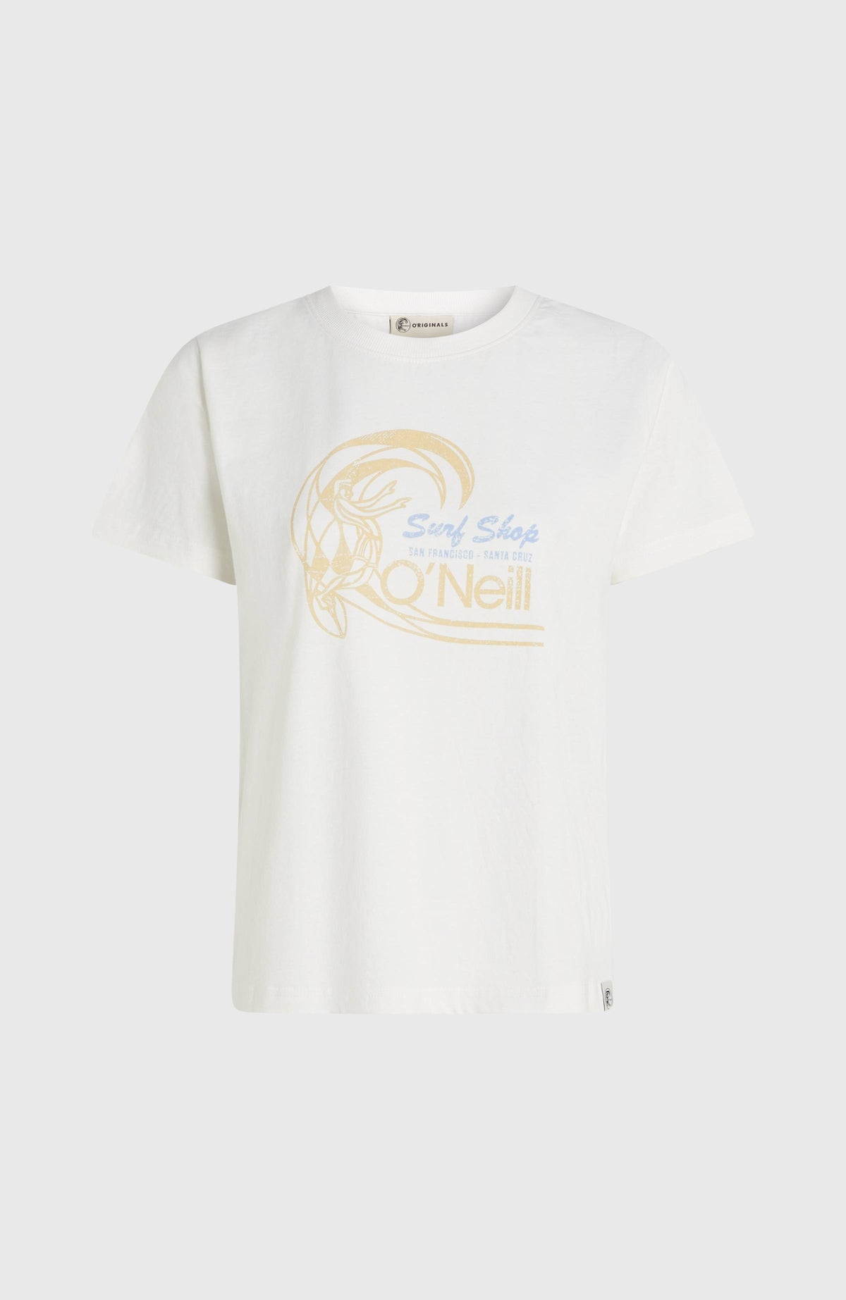 O'Riginals Circle Surfer T-Shirt für Damen, weiß mit Logo-Print in Gelb und Blau, freigestellt von vorne