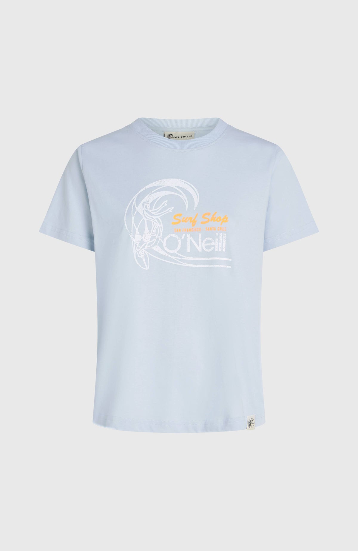 O'Riginals Circle Surfer T-Shirt für Damen, blau mit Grafik-Print in Weiß und Orange, freigestellt von vorne