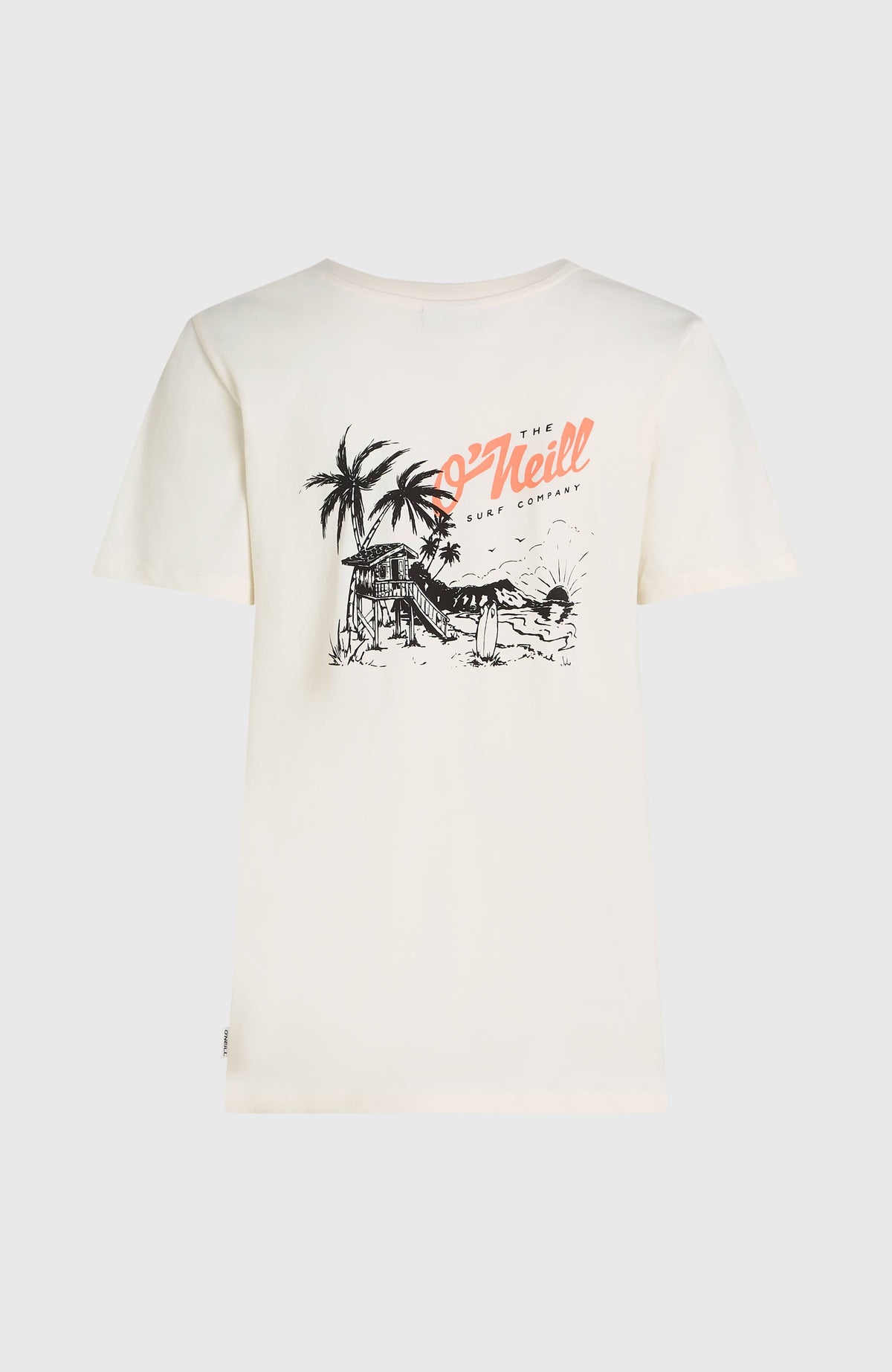 Graphic T-Shirt für Damen, weiß mit Grafik-Print in Orange und Schwarz, freigestellt von hinten mit Rückenprint