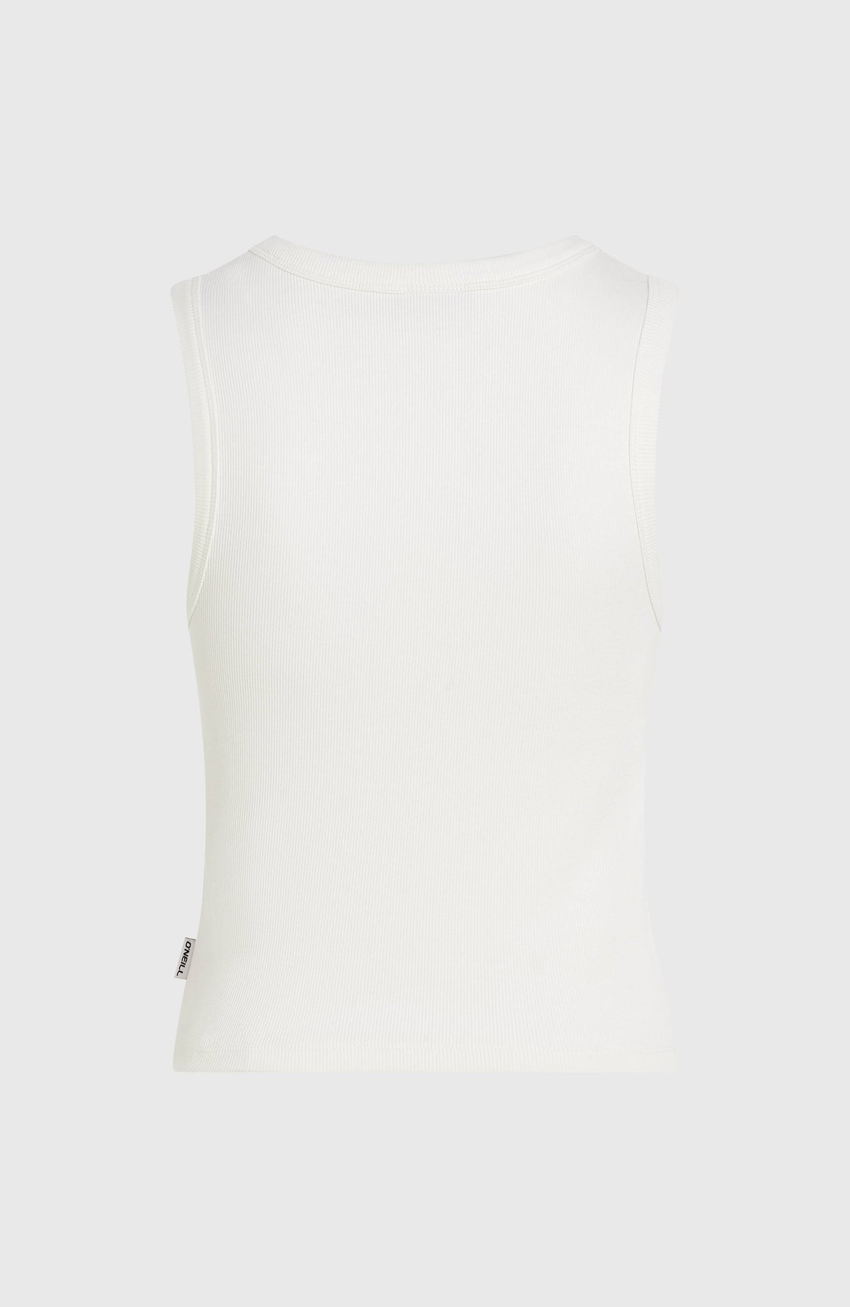 Weißes Rib Tanktop für Damen, freigestellt von hinten mit kleinem Logo-Label an der Seitennaht