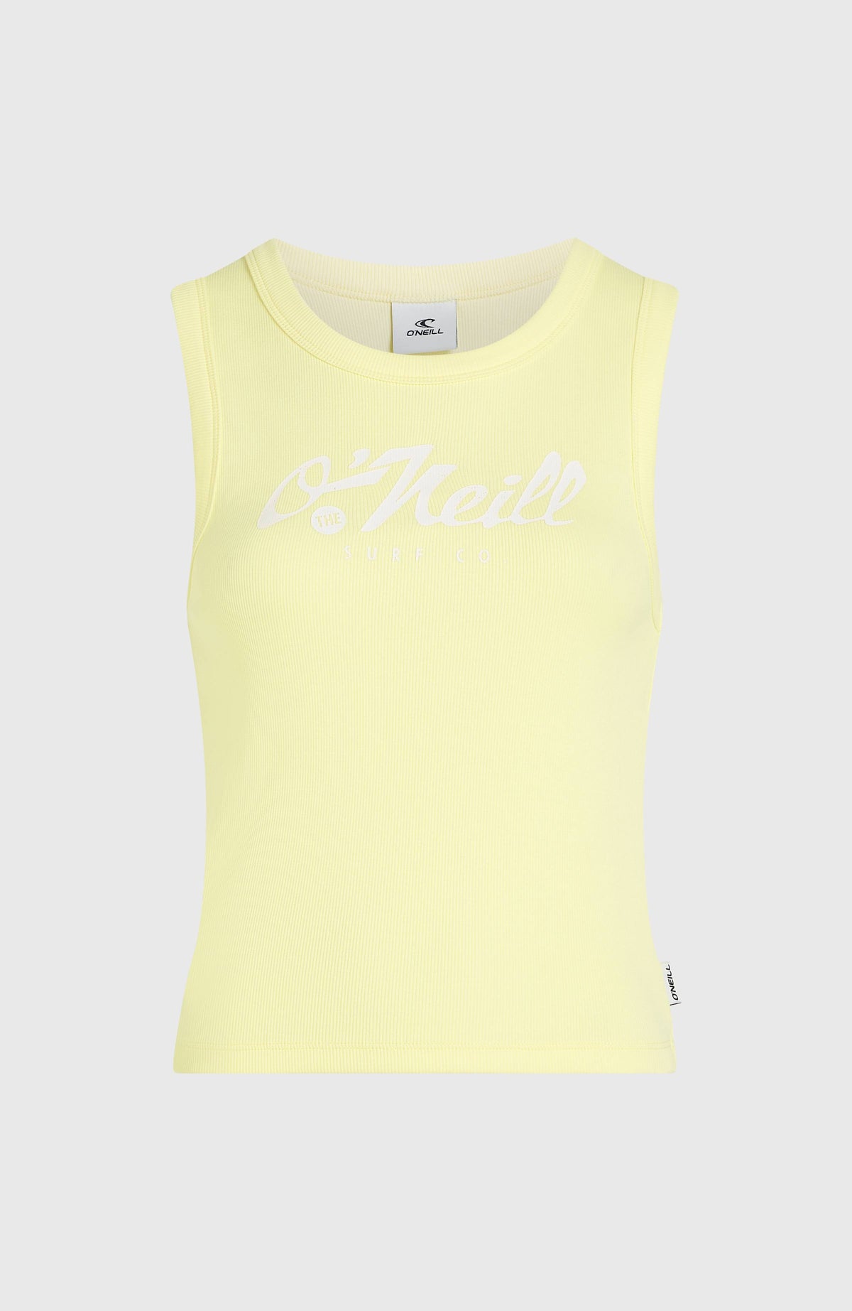 Rib Tanktop für Damen, gelb mit Logo-Print in Weiß, freigestellt von vorne mit Rippstruktur