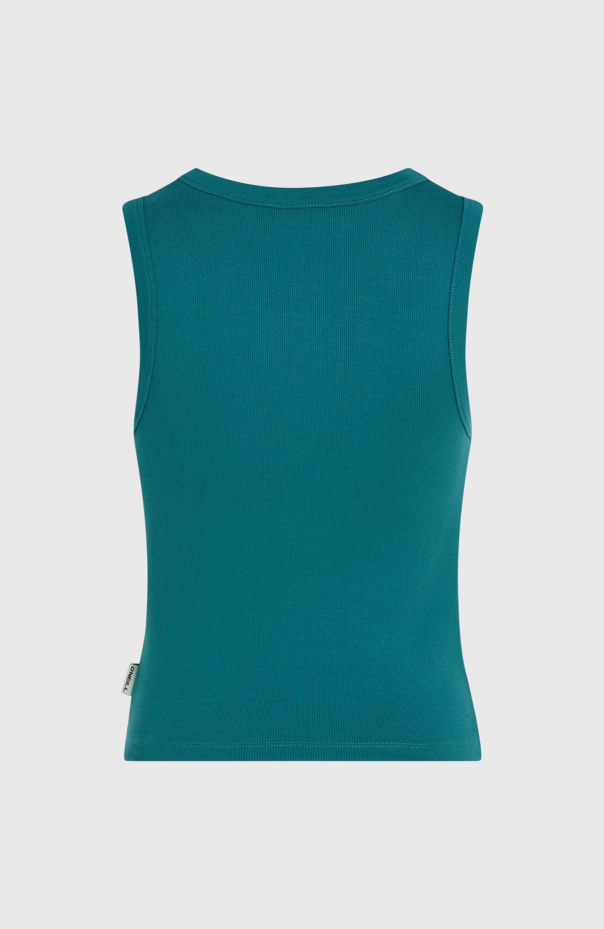 Grünes Rib Tanktop für Damen, flach liegend von hinten mit dezentem Logo-Label an der Seitennaht