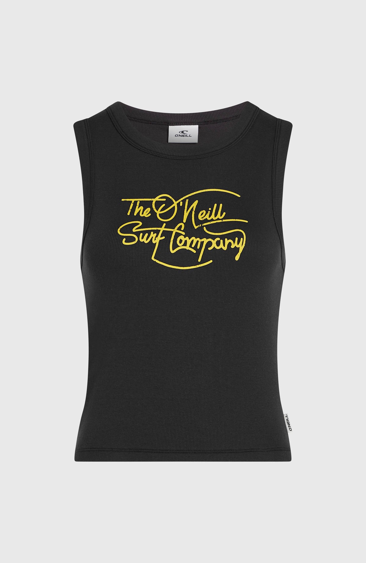 Rib Tanktop für Damen, schwarz mit Schriftzug-Print in Gelb, freigestellt von vorne