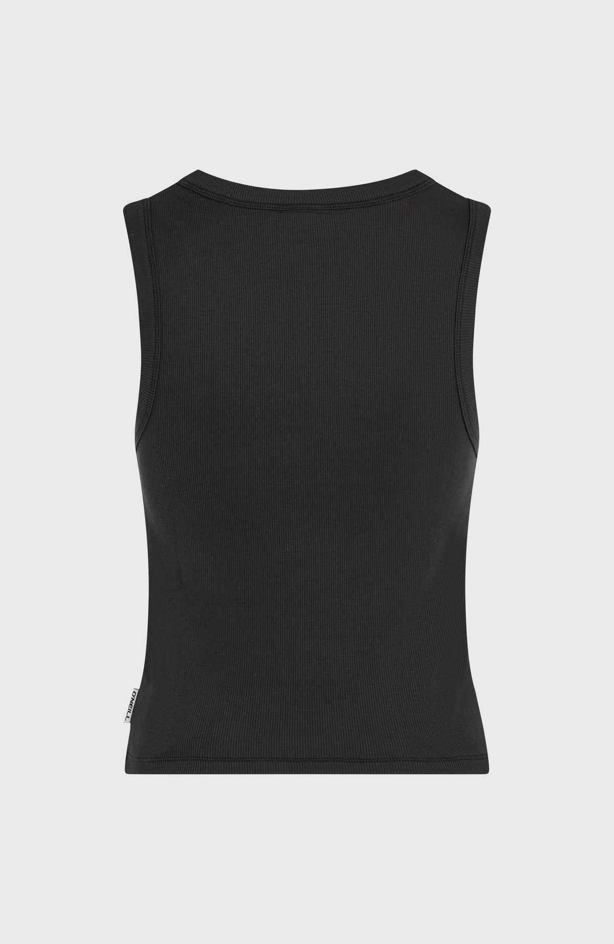 Rib Tanktop für Damen, schwarz, freigestellt von hinten mit kleinem Flag-Label am Saum