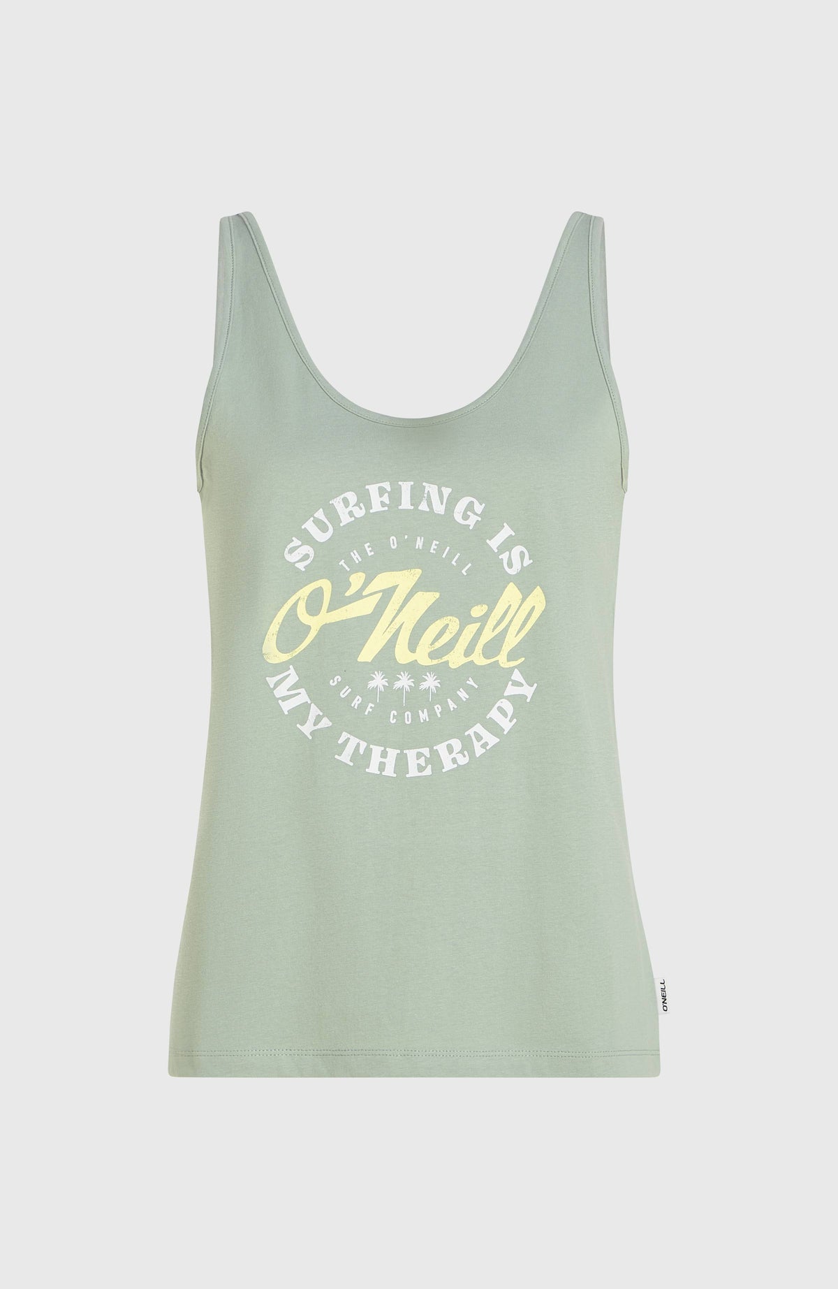 Graphic Tanktop für Damen, grün mit Logo-Print in Weiß und Gelb, freigestellt von vorne mit Rundhalsausschnitt