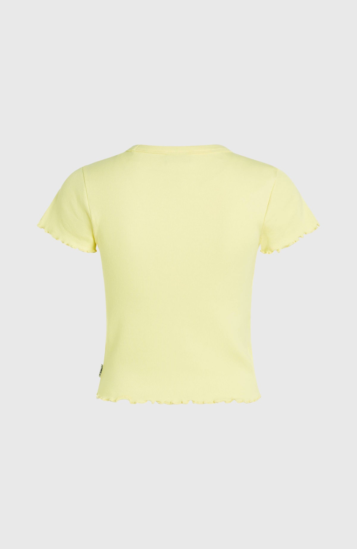 Rib T-Shirt für Damen, gelb, flach liegend von hinten mit gewellten Säumen und Logo-Label