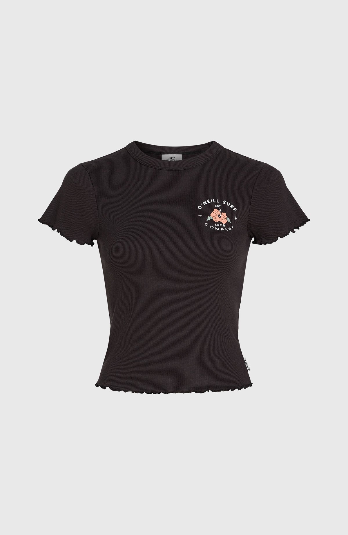 Schwarzes Rib T-Shirt für Damen mit Logo-Print in Weiß und Rosa, freigestellt von vorne