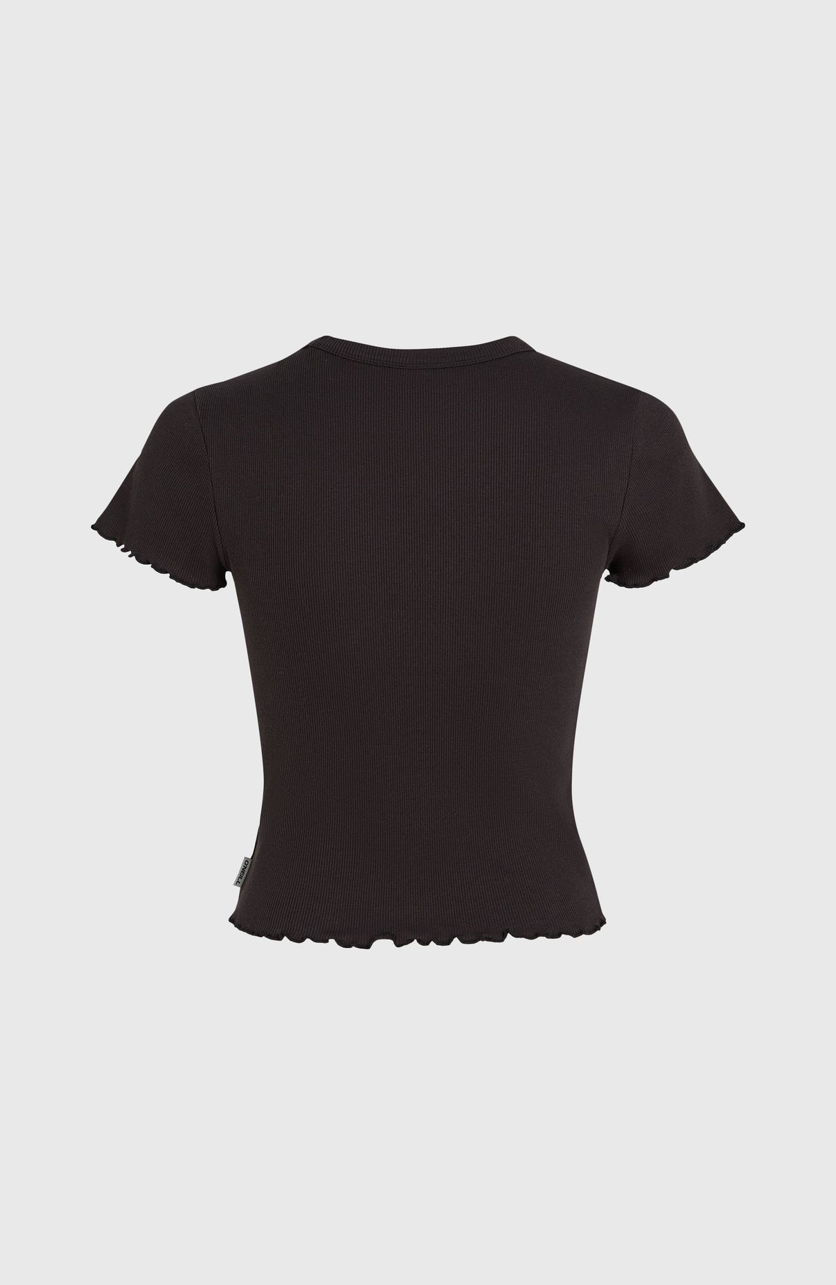 Schwarzes Rib T-Shirt für Damen, freigestellt von hinten mit gewelltem Saum