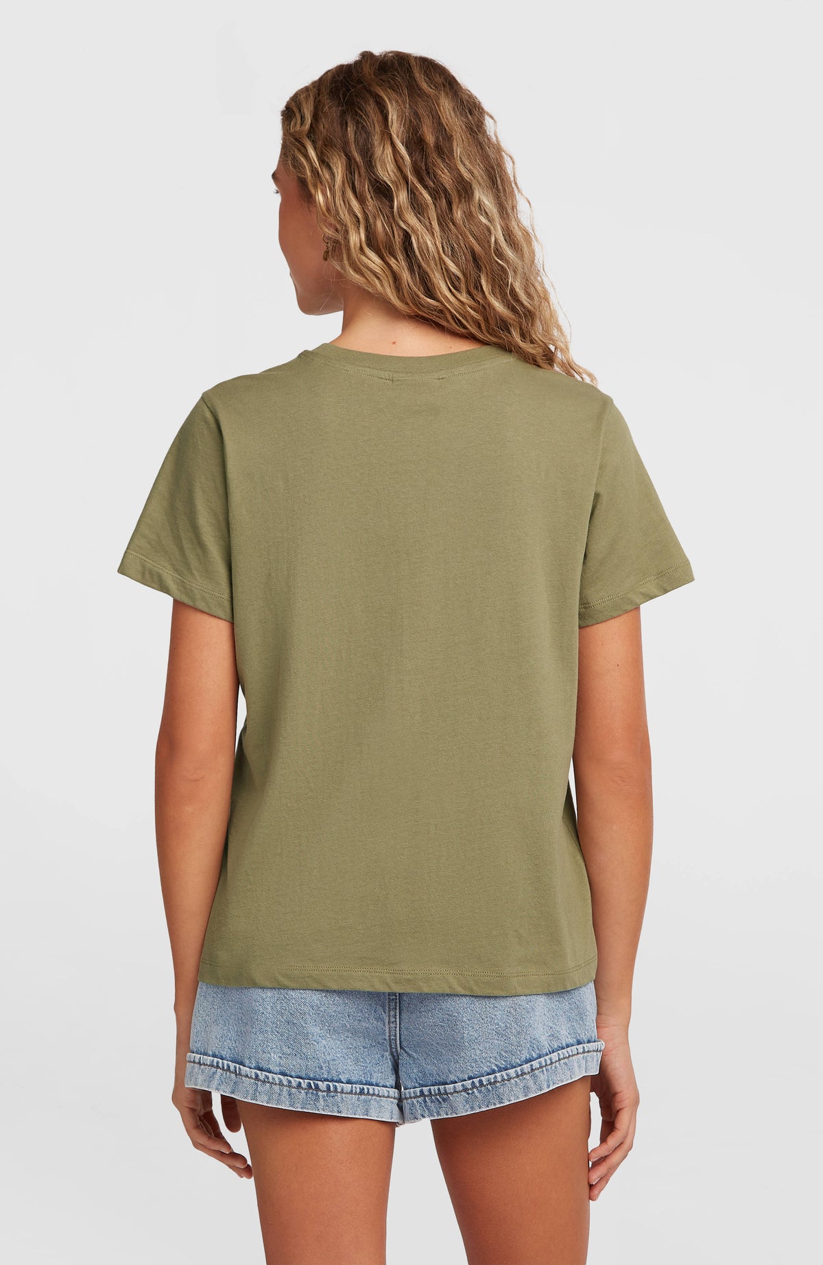 Front Print T-Shirt für Damen, grün, Rückansicht getragen am Model