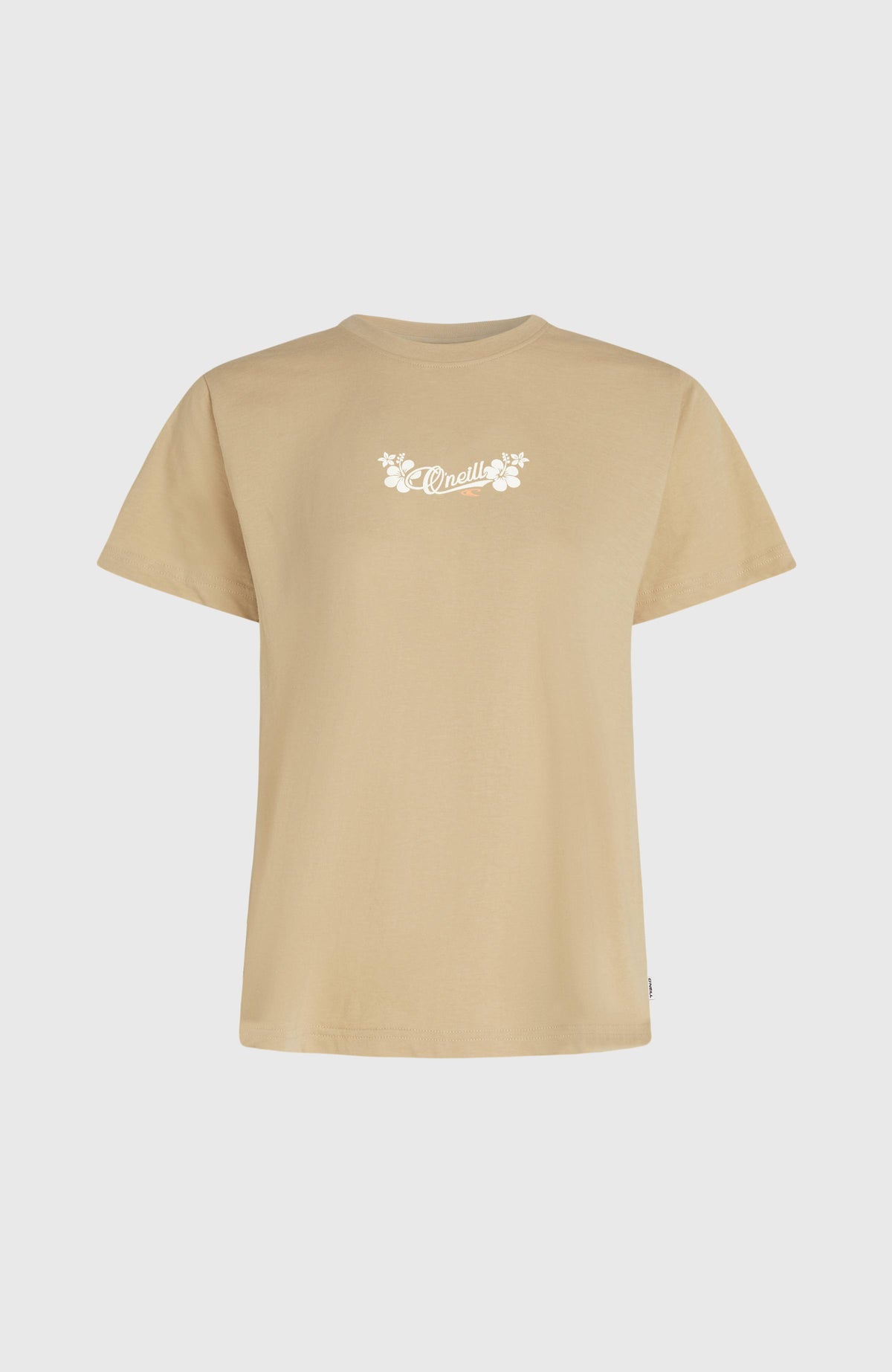 Essentials Script T-Shirt für Damen, beige mit Logo-Print in Weiß, freigestellt von vorne