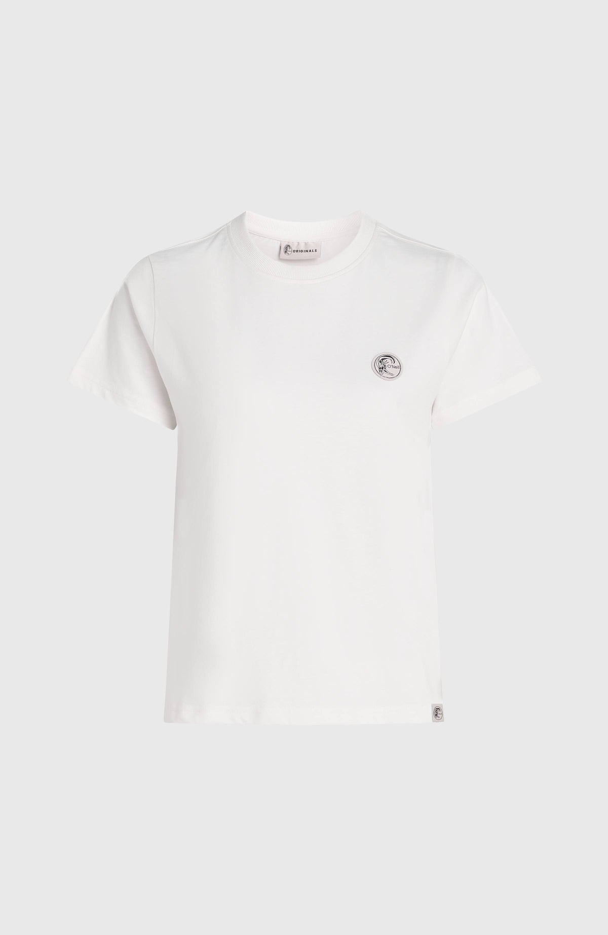 O'Riginals Badge T-Shirt für Damen, weiß, freigestellt von vorne mit rundem Logo-Badge