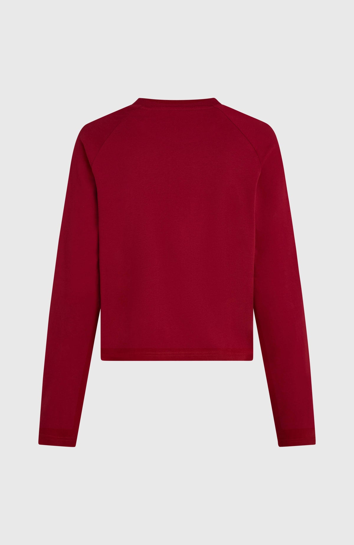 O'Riginals Langarmshirt für Damen, rot mit Brustprint in Lila und Weiß, freigestellt von hinten