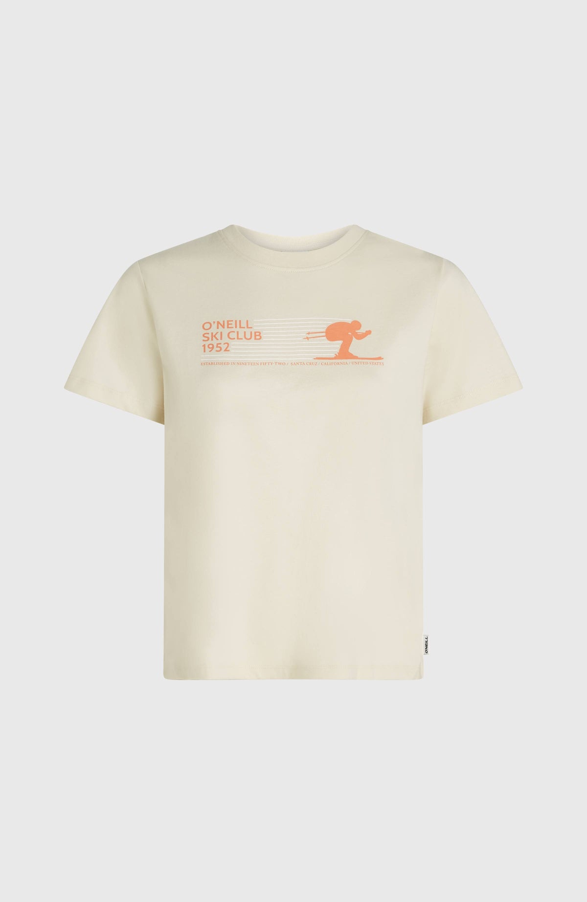 Must-Have T-Shirt für Damen, weiß mit Grafik-Print in Orange, flach liegend von vorne