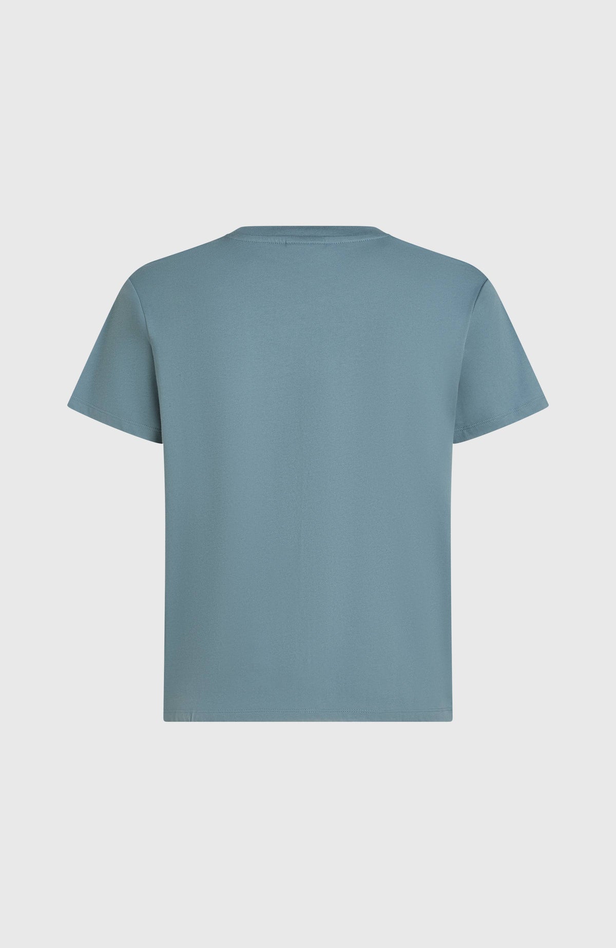 Must-Have T-Shirt für Damen, blau, flach liegend von hinten mit klassischem Rundhalsausschnitt und Saum