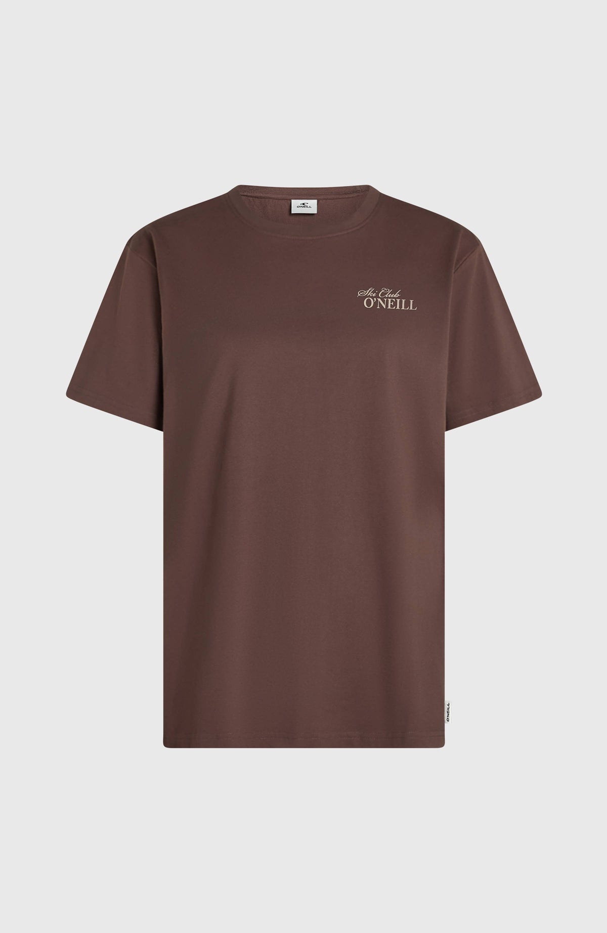 Must-Have Back Graphic T-Shirt für Damen, lila mit Logo-Print in Beige, flach liegend von vorne