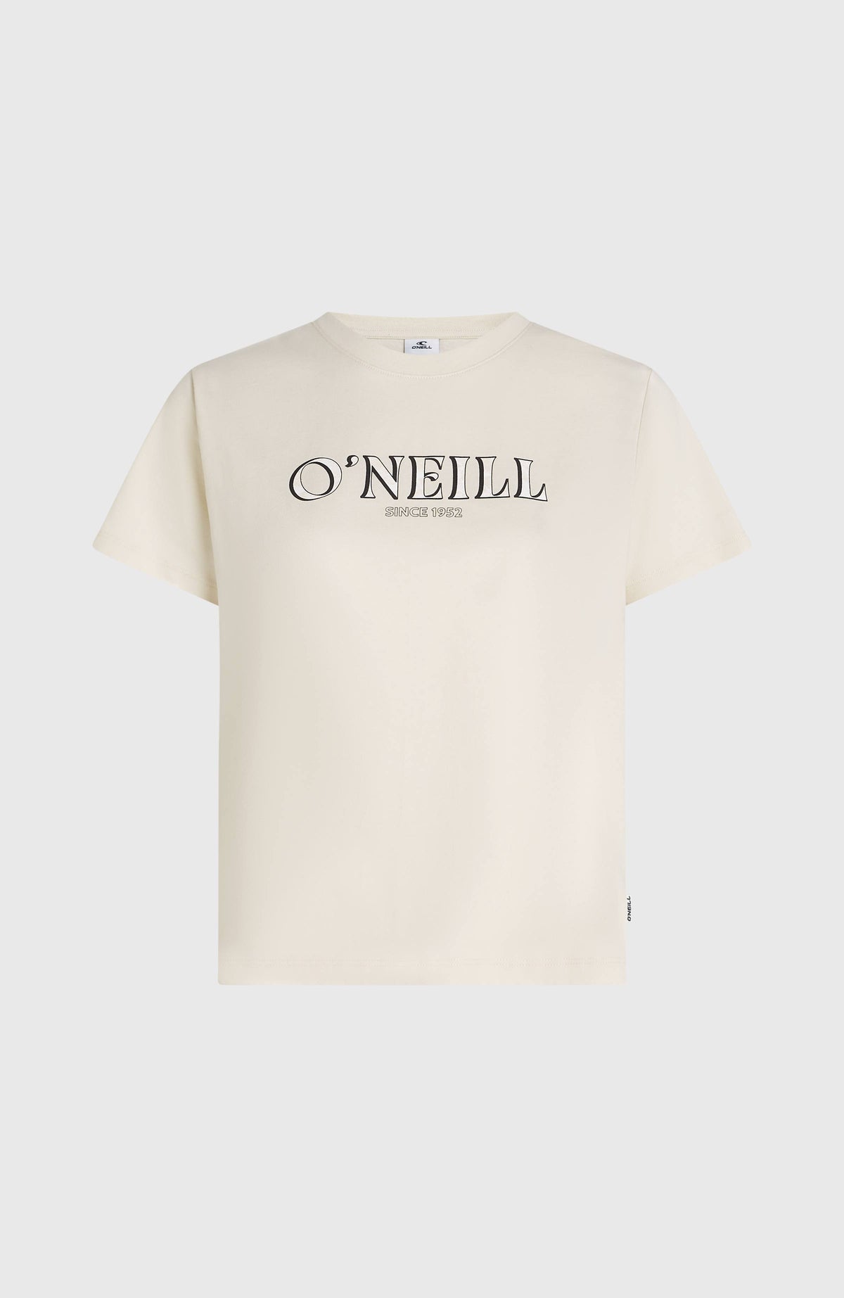 Weißes Graphic T-Shirt für Damen mit Logo-Print in Schwarz, flach liegend von vorne