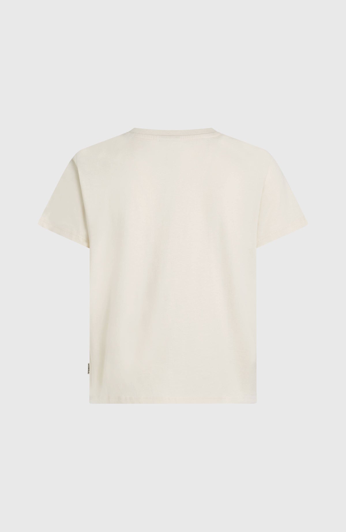 Graphic T-Shirt für Damen, weiß, flach liegend von hinten, mit kleinem Logo-Label am Saum