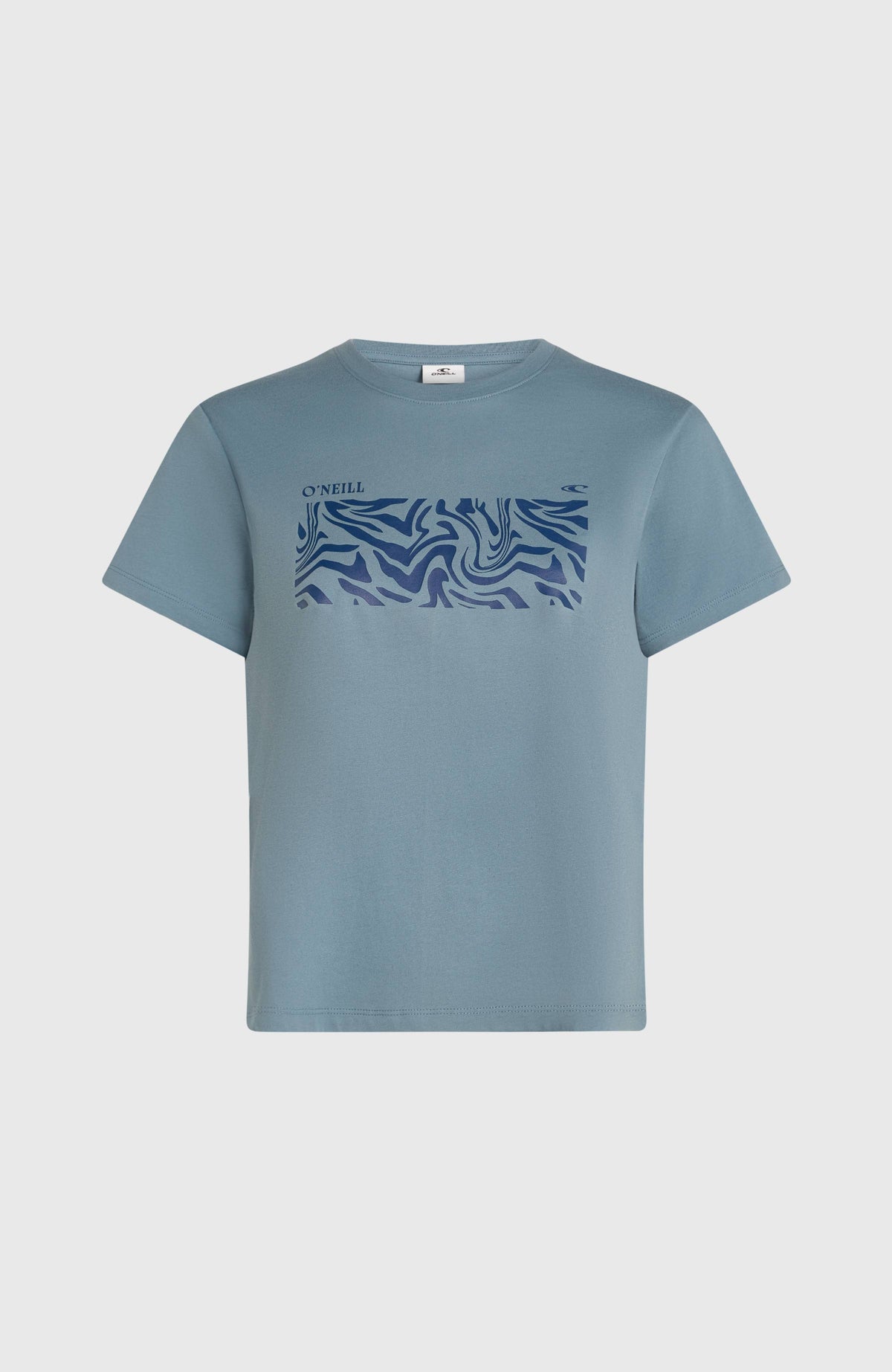 Graphic T-Shirt für Damen, blau mit Grafik-Print in Dunkelblau, flach liegend von vorne