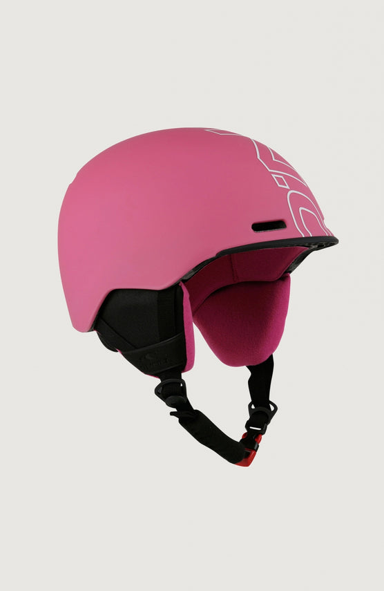 O'Neill Core Helmets für Herren, pink mit Logo-Print in Weiß, freigestellt von schräg vorne mit Ohrpolstern